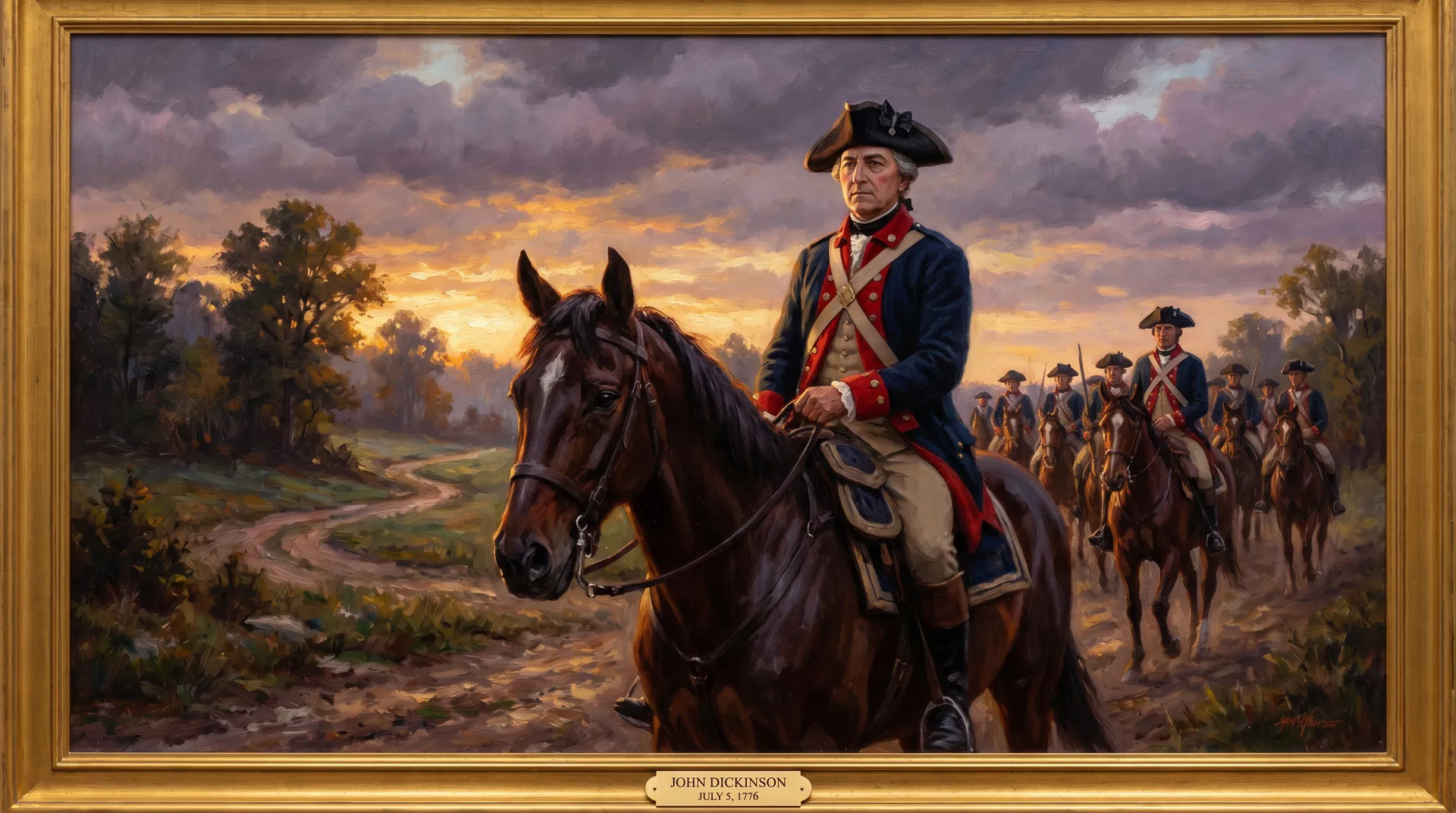 John Dickinson in Pennsylvania militia uniform riding out to defend the new nation on July 5, 1776