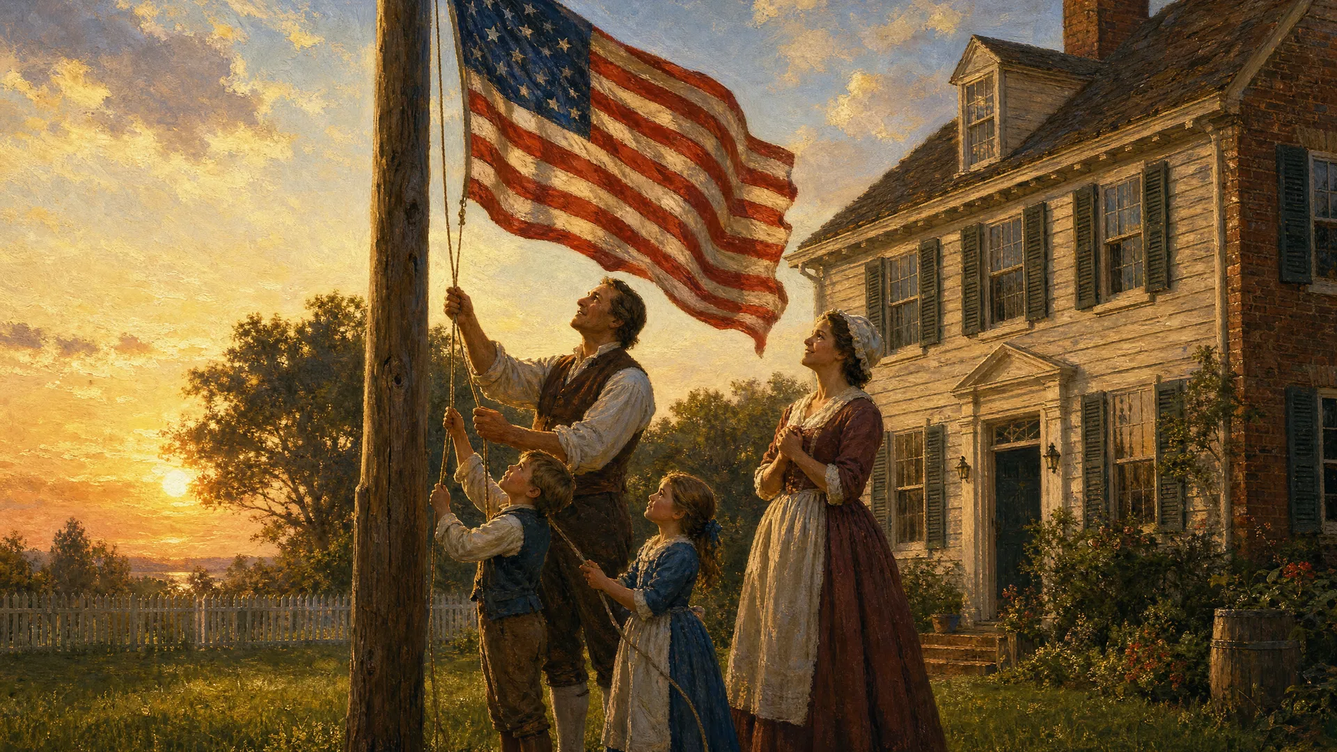 An American family raising the flag on a wooden flagpole at sunrise