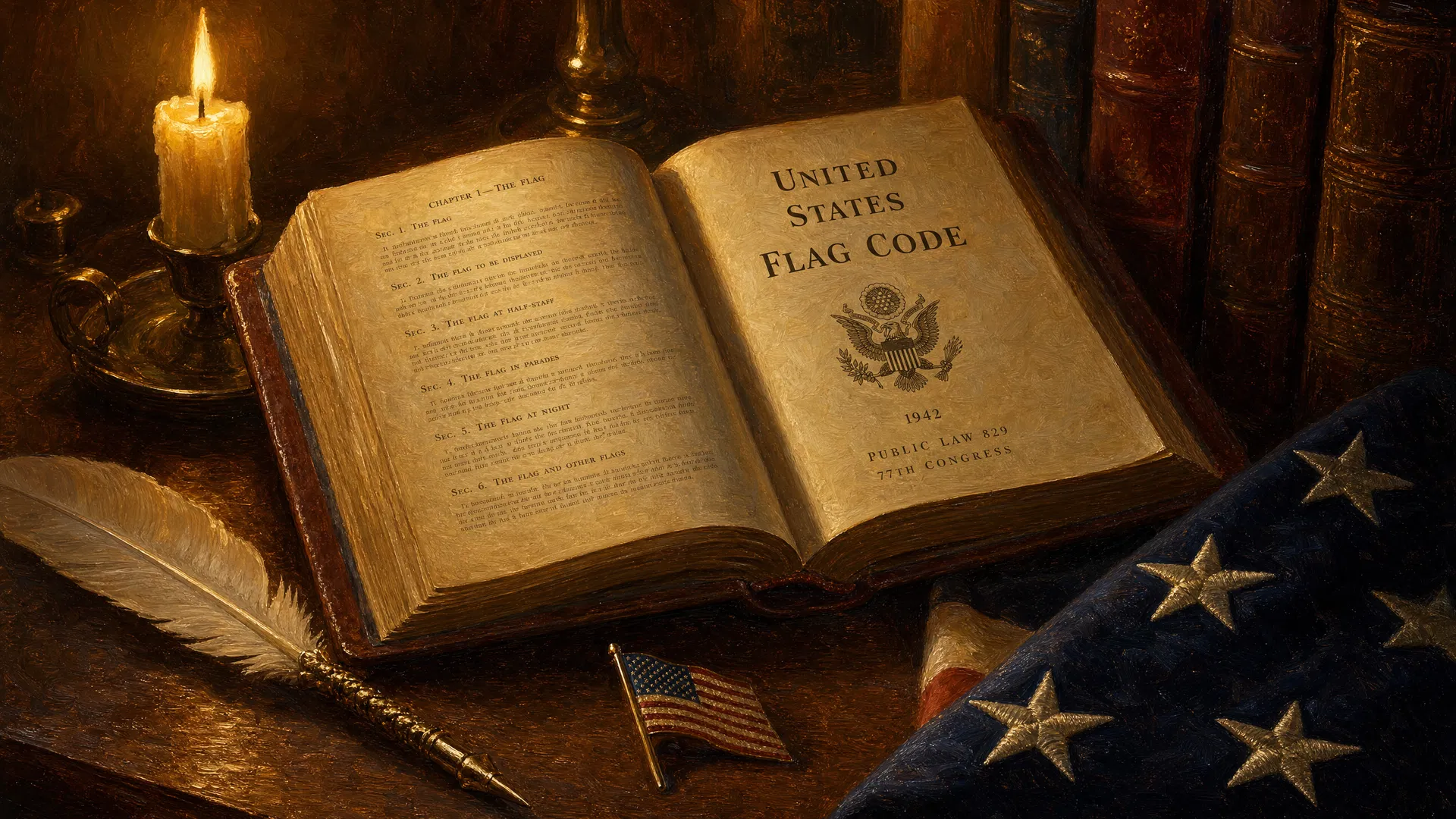 Open leather-bound United States Flag Code law book by candlelight