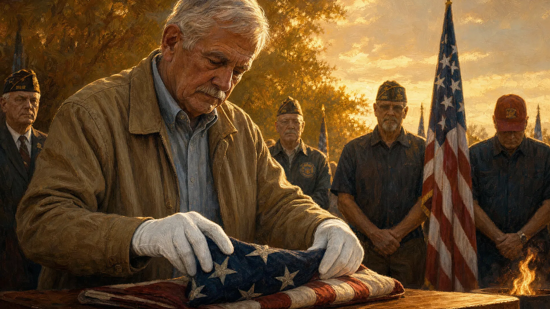 A veteran carefully folding a worn American flag at a flag retirement ceremony