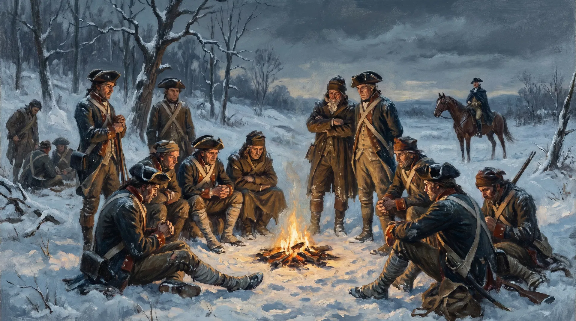 Continental Army soldiers at Valley Forge in winter 1777, huddled around a fire in the snow