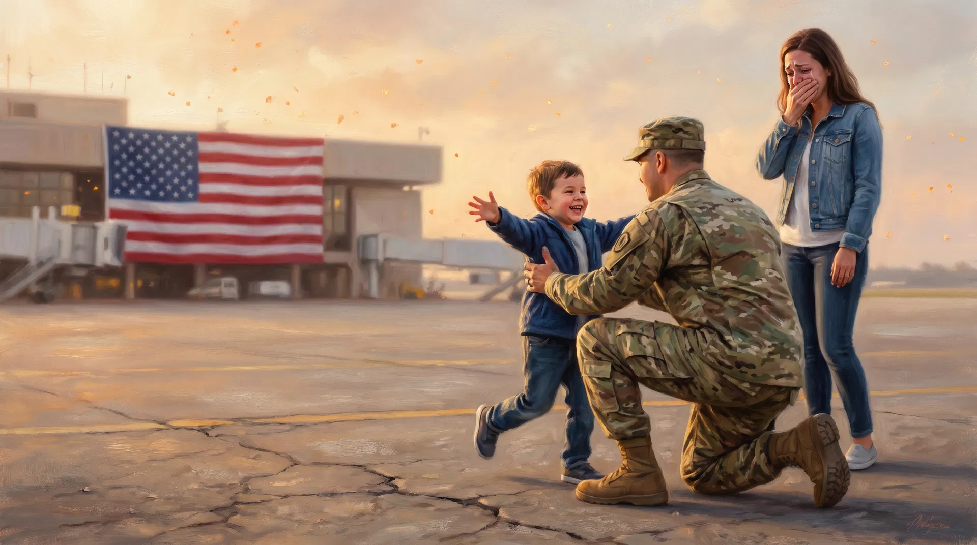 American soldier in uniform kneeling to embrace a child running toward them at homecoming, spouse watching with tears of joy