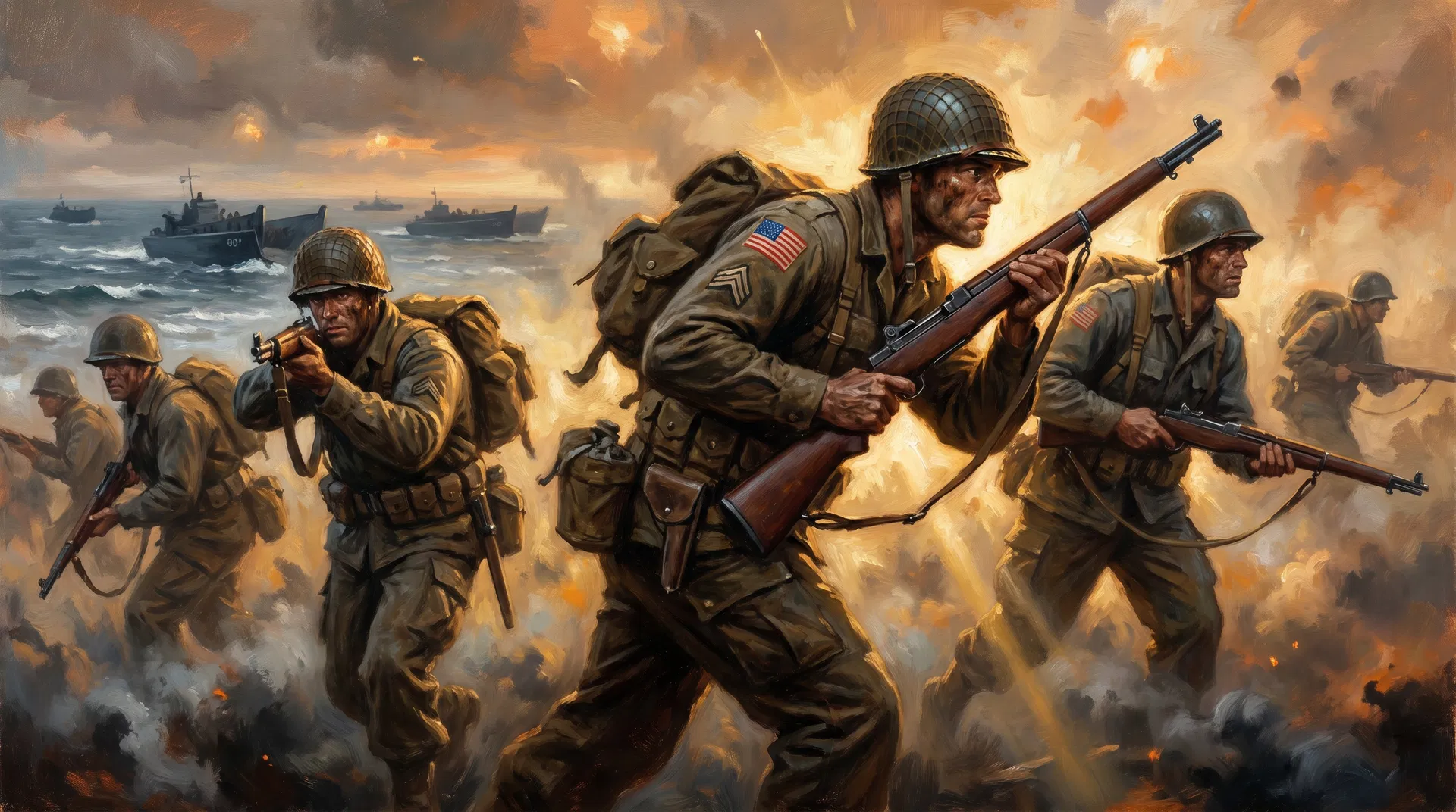 American soldiers storming the beach during World War II with landing craft in the background