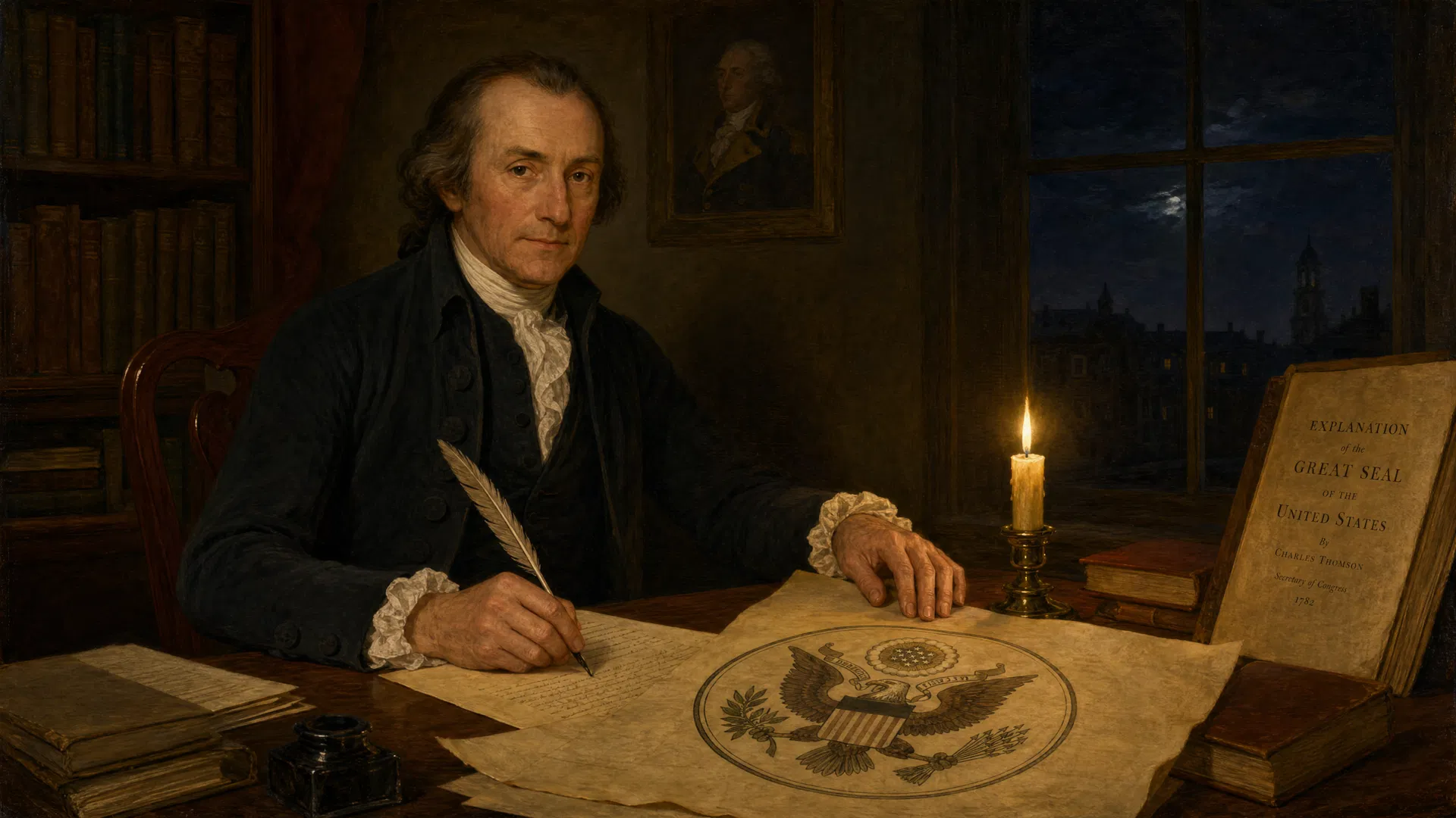 Charles Thomson, Secretary of the Continental Congress, writing his official explanation of the Great Seal by candlelight, Philadelphia, 1782