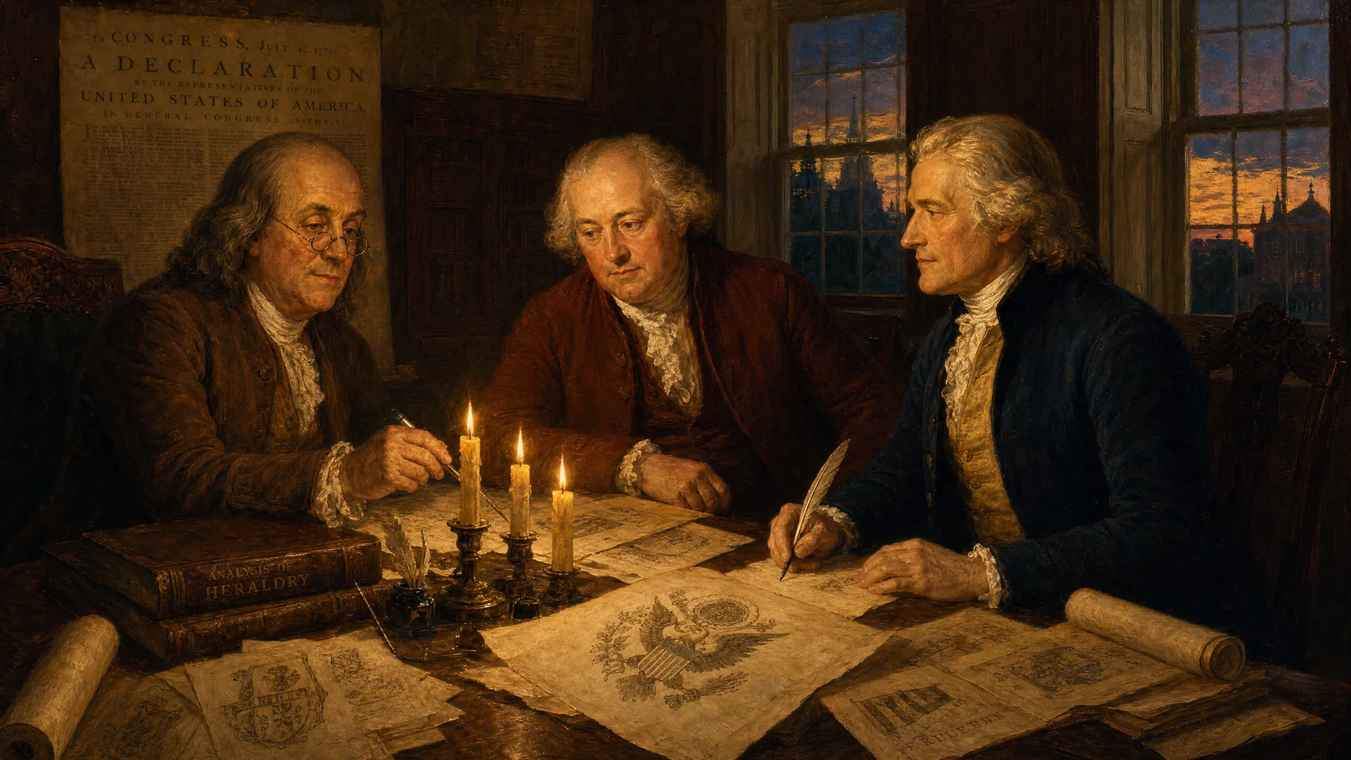 Benjamin Franklin, John Adams, and Thomas Jefferson studying heraldic designs for the Great Seal committee, Philadelphia, July 4, 1776