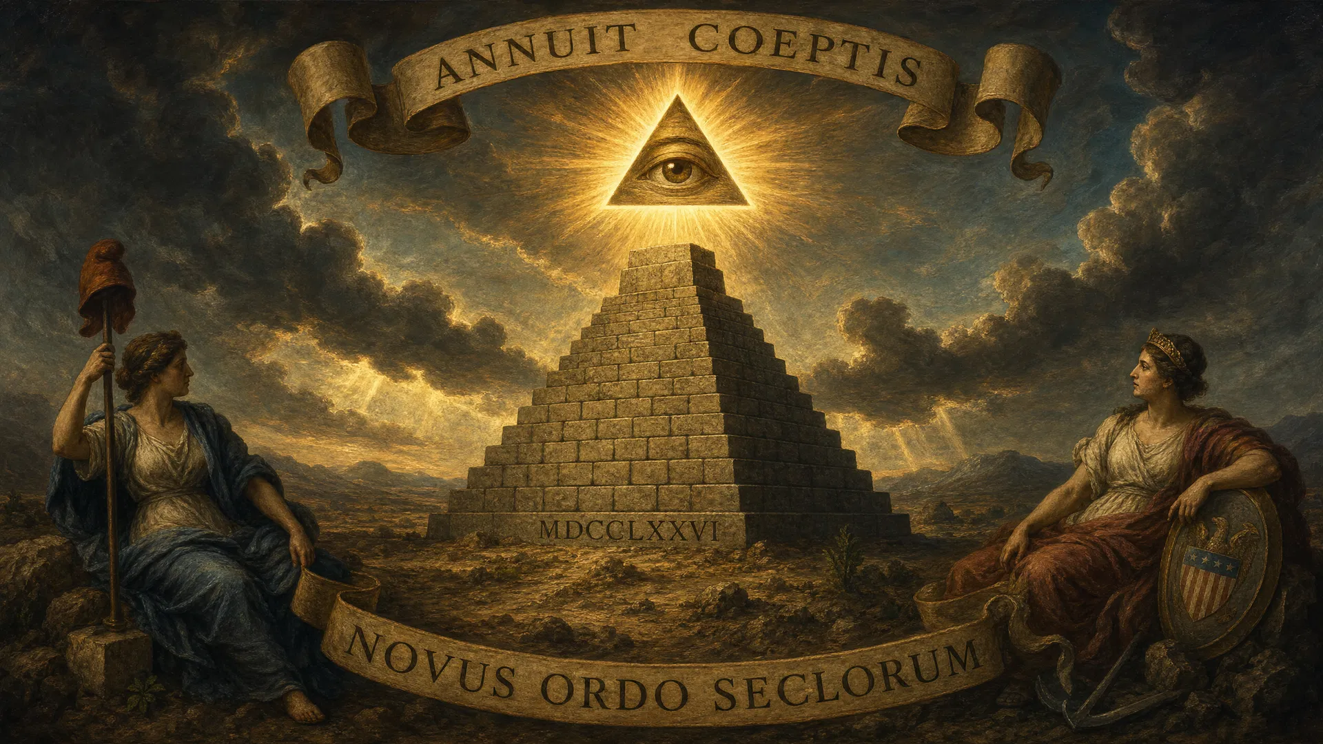 Oil painting of the reverse of the Great Seal — unfinished pyramid with Eye of Providence, Annuit Coeptis and Novus Ordo Seclorum