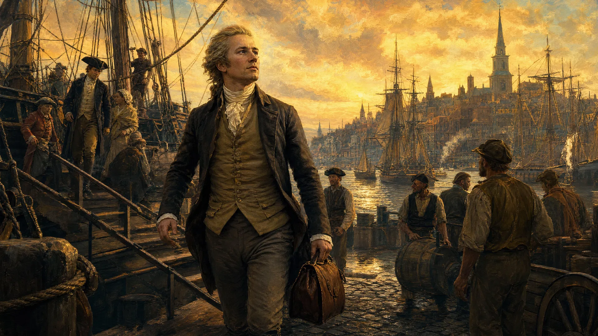 Young Alexander Hamilton arriving at the New York docks in the 1770s, stepping off a sailing ship onto the cobblestone waterfront with ambition and fire in his eyes — the beginning of an American story