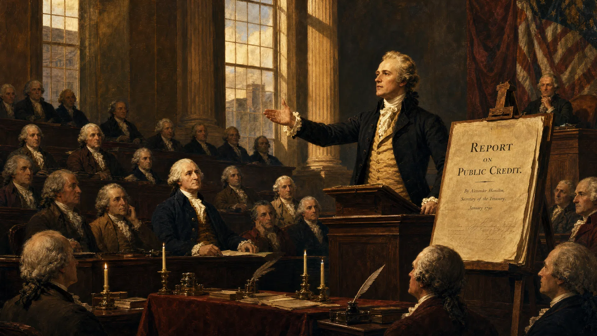Alexander Hamilton presenting his Report on Public Credit to the United States Congress in Federal Hall, New York City, 1790 — Founding Fathers listen as Hamilton argues for honoring the nation's debt