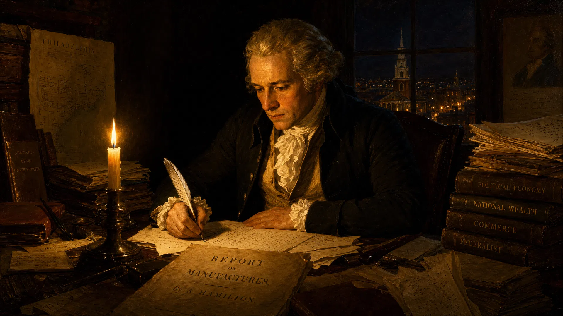 Alexander Hamilton writing the Report on Manufactures by candlelight in Philadelphia, 1791 — surrounded by financial documents and ledgers, laying the intellectual foundation for American industrial policy