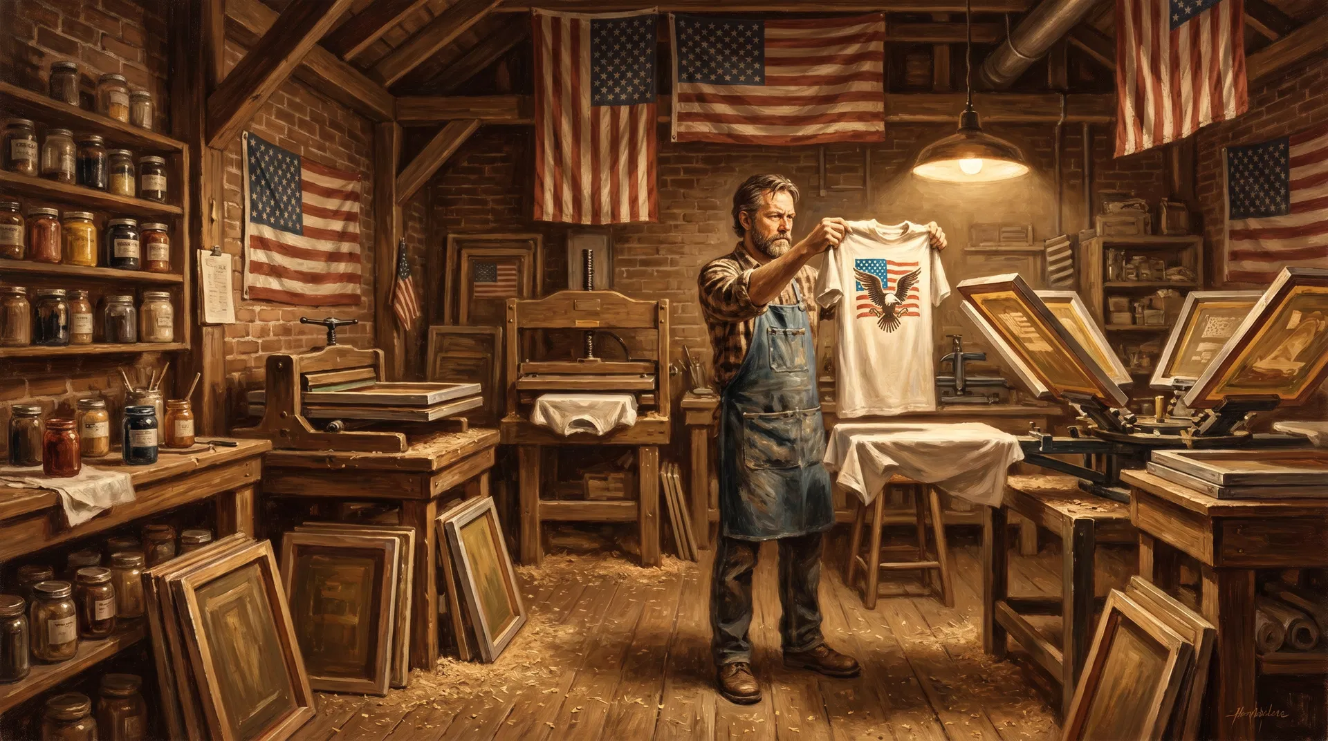 An American print shop worker inspects a freshly printed patriotic t-shirt