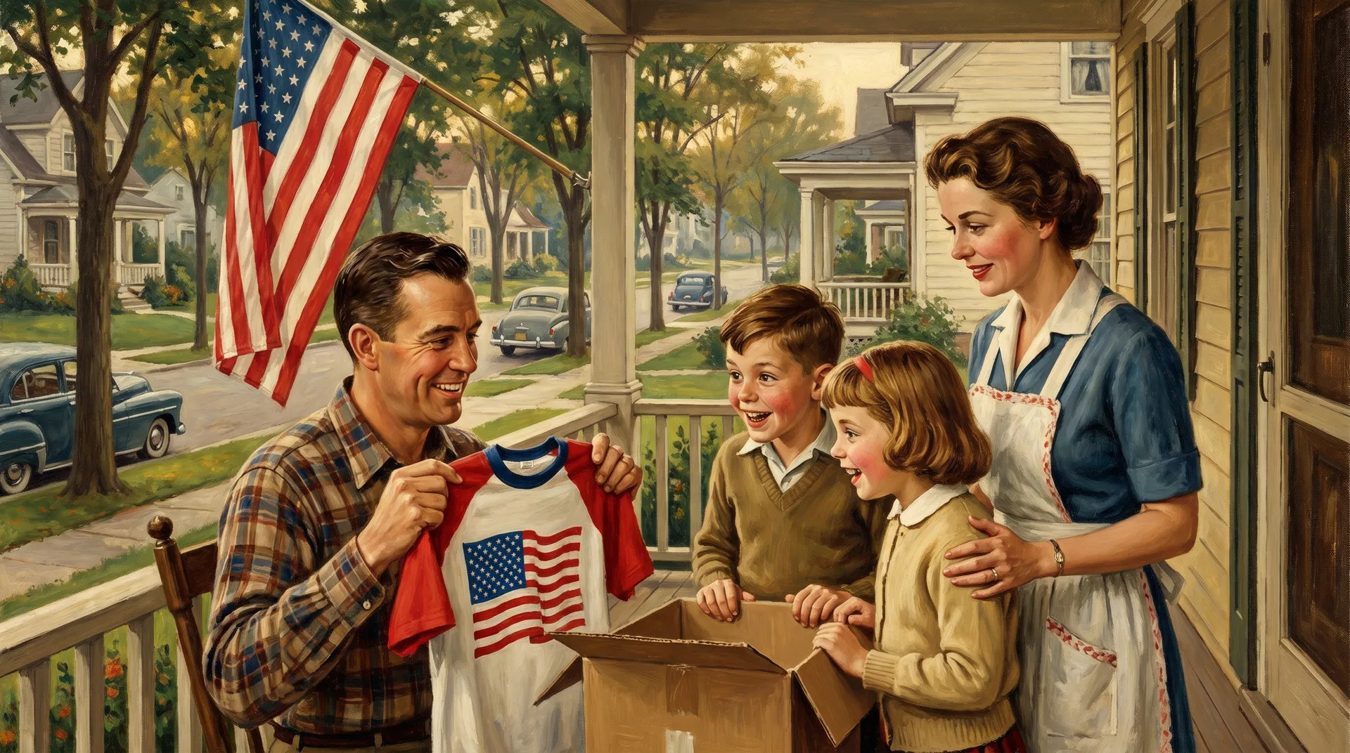 An American family on their front porch opening a package with a patriotic t-shirt