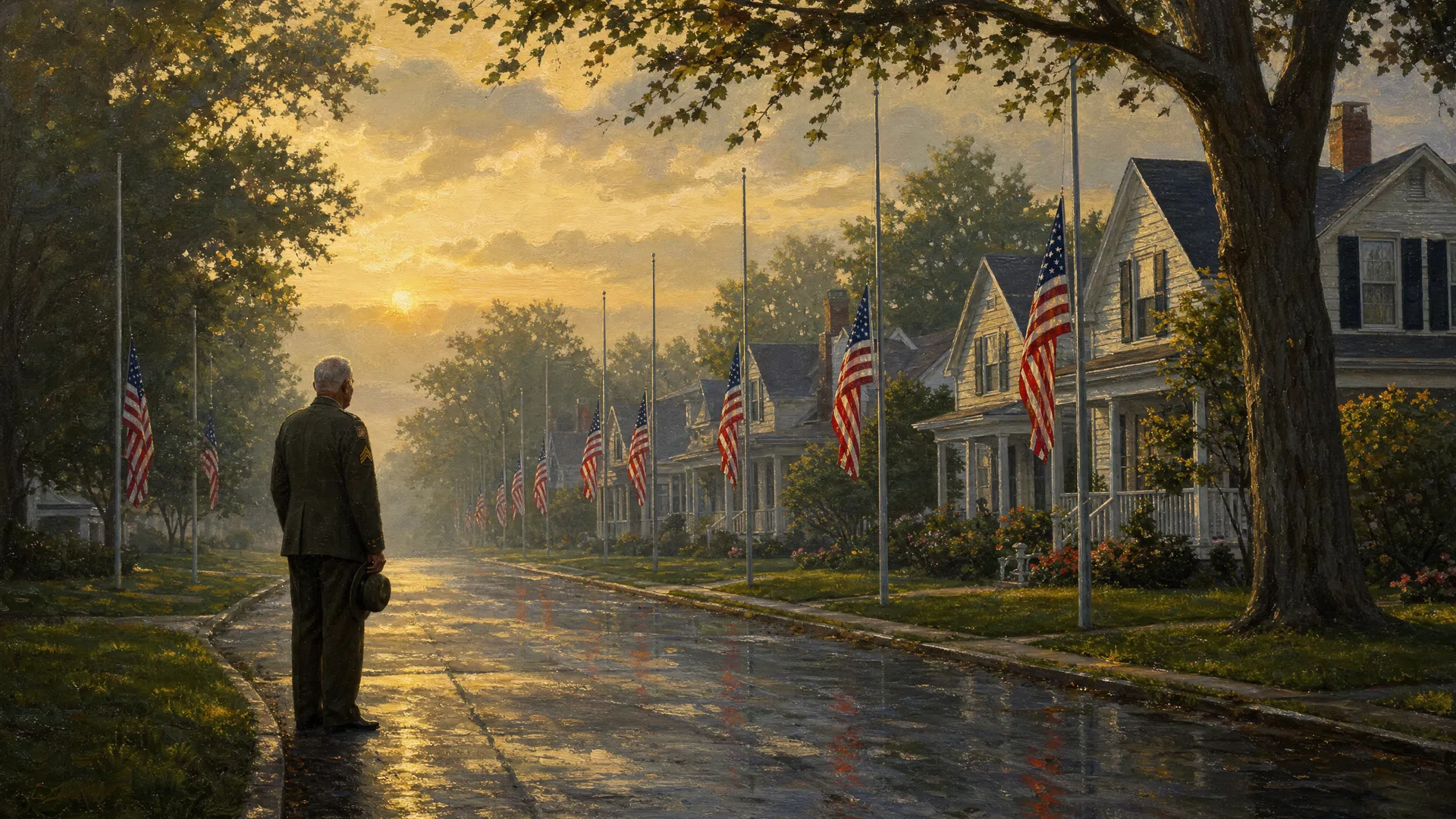 A veteran stands on a quiet street lined with flags at half-staff on Memorial Day morning