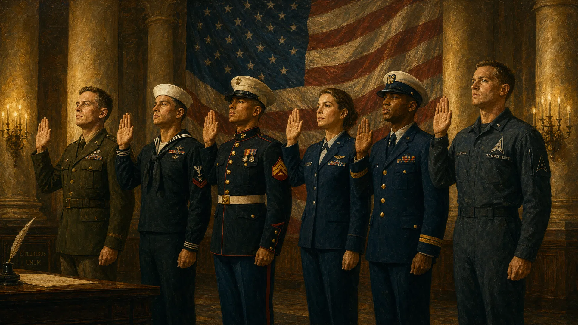 Six American service members — Army, Navy, Marines, Air Force, Coast Guard, and Space Force — raising their right hands in the oath of enlistment before the American flag