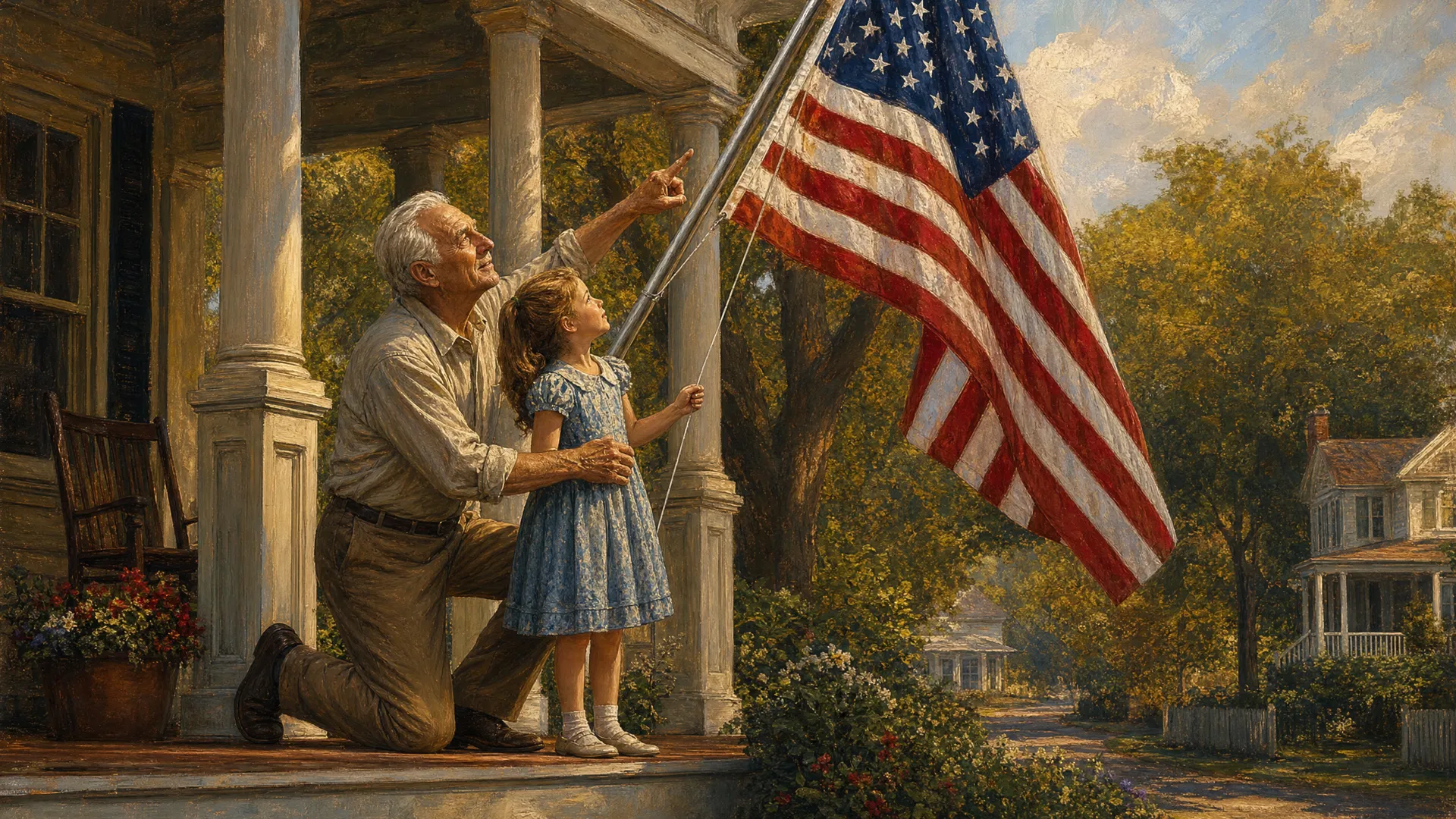 A grandfather and granddaughter raising the American flag together on a porch