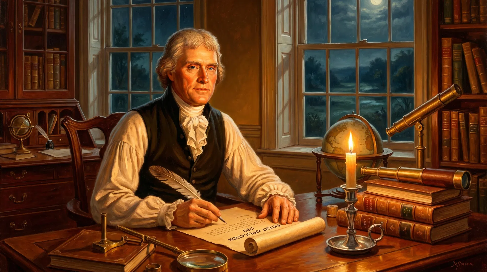 Thomas Jefferson reviewing a patent application by candlelight at Monticello, 1790 — oil painting style
