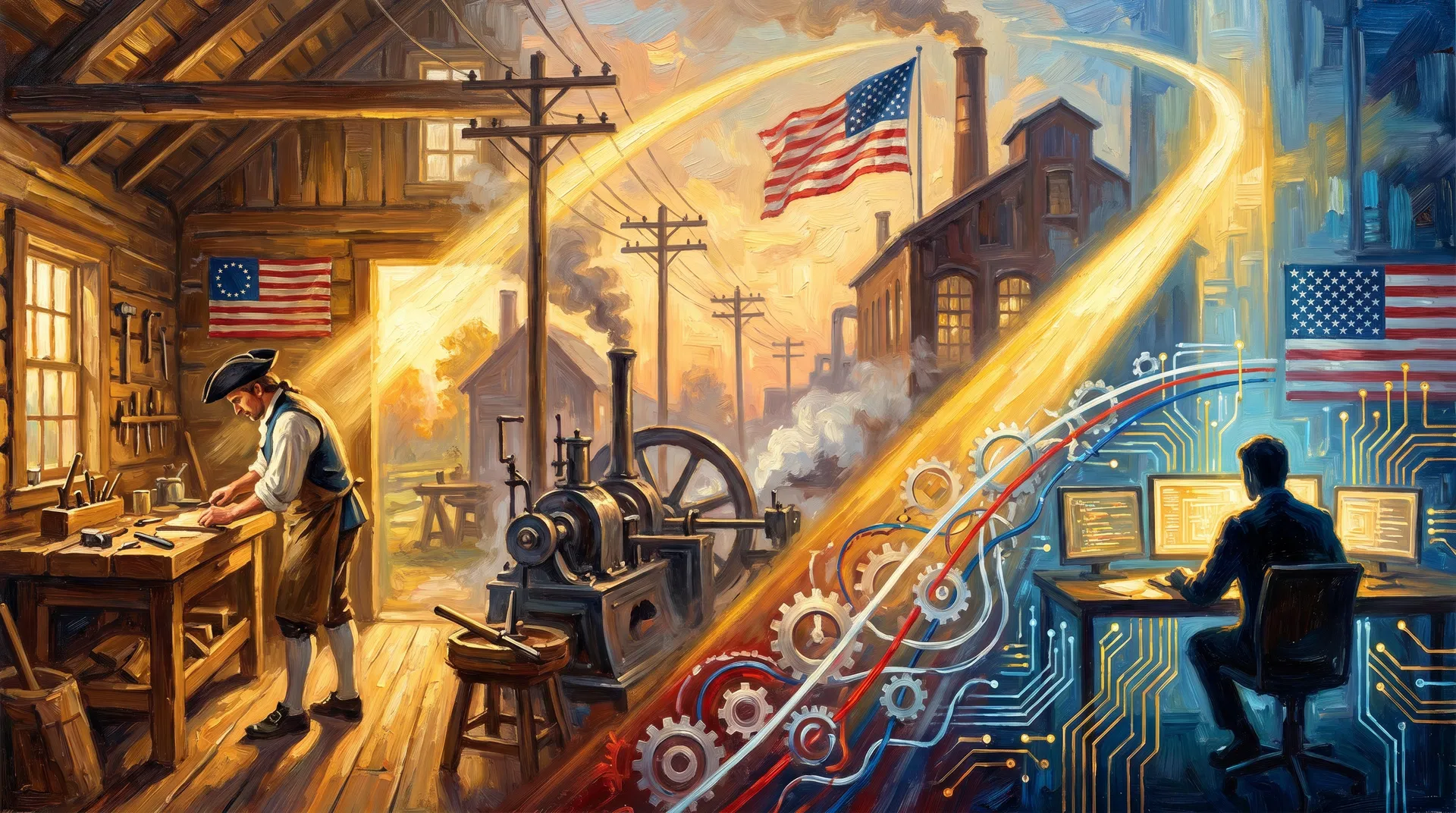 The arc of American invention — from colonial workshop to industrial age to the digital era — oil painting style