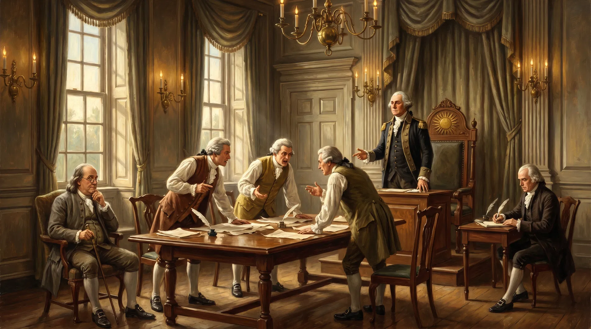 Founding Fathers in heated debate at the Constitutional Convention, 1787 — Washington presiding, Franklin listening, Madison taking notes