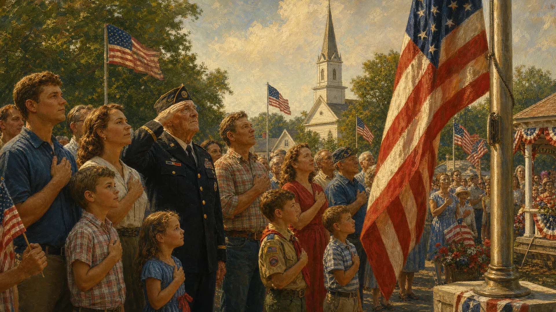 Americans standing with hands over hearts during the Pledge of Allegiance