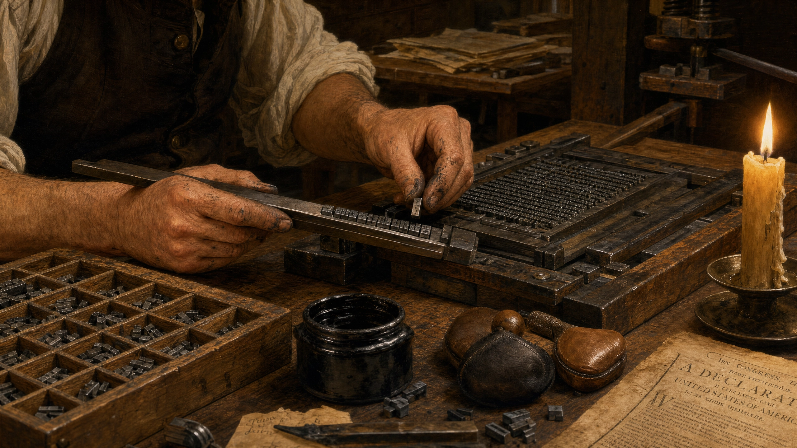 Colonial compositor setting metal type by hand at a printing press by candlelight