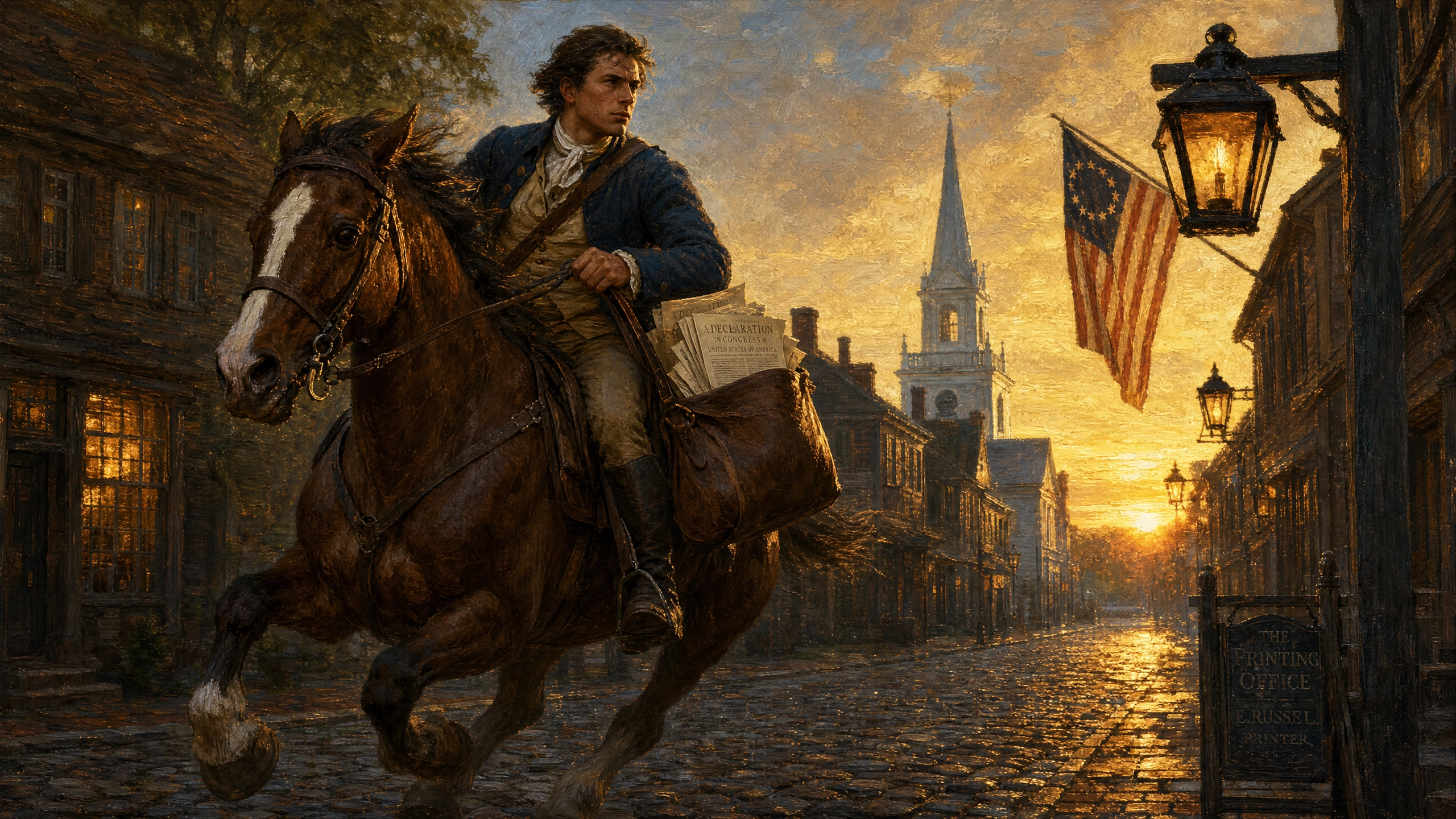 Patriot rider on horseback carrying broadsides through a colonial town at dawn
