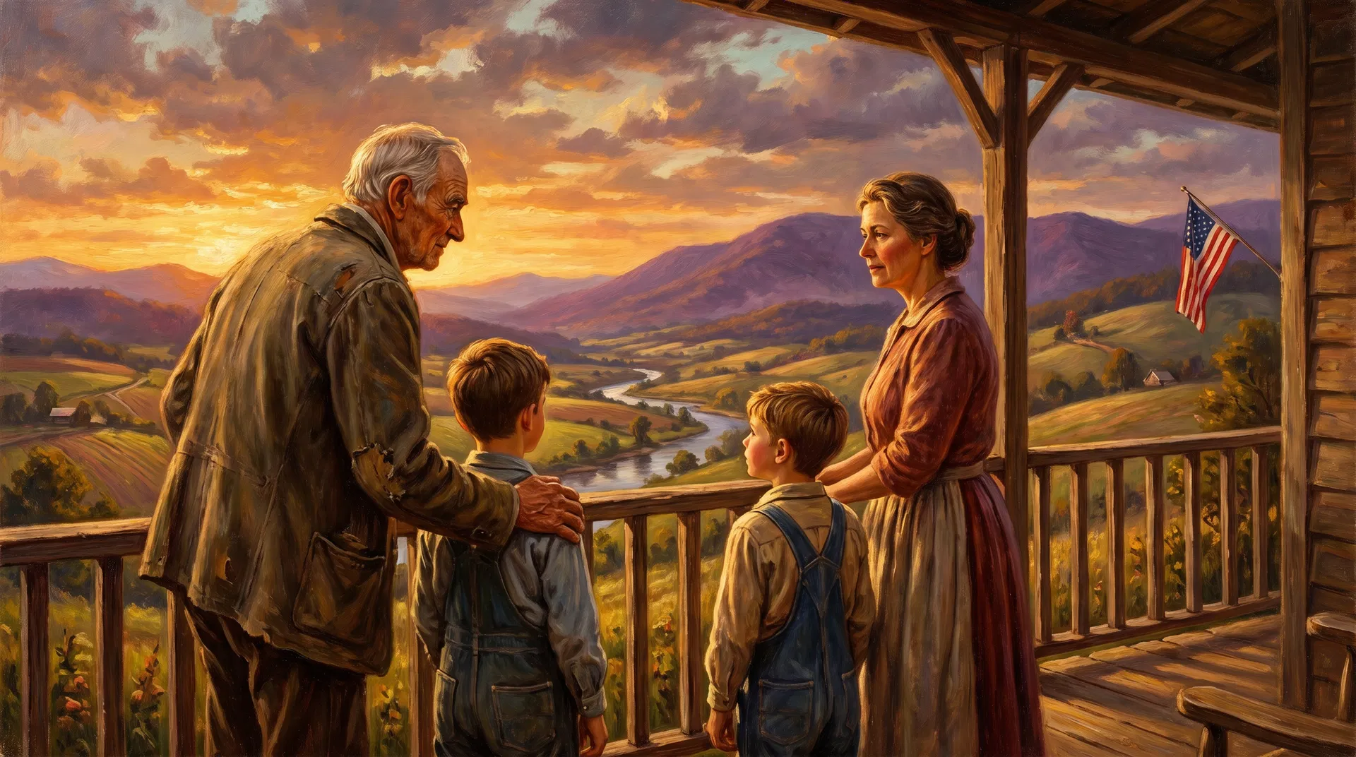 A multi-generational American family on a porch at golden hour, looking out over rolling fields and a distant American flag