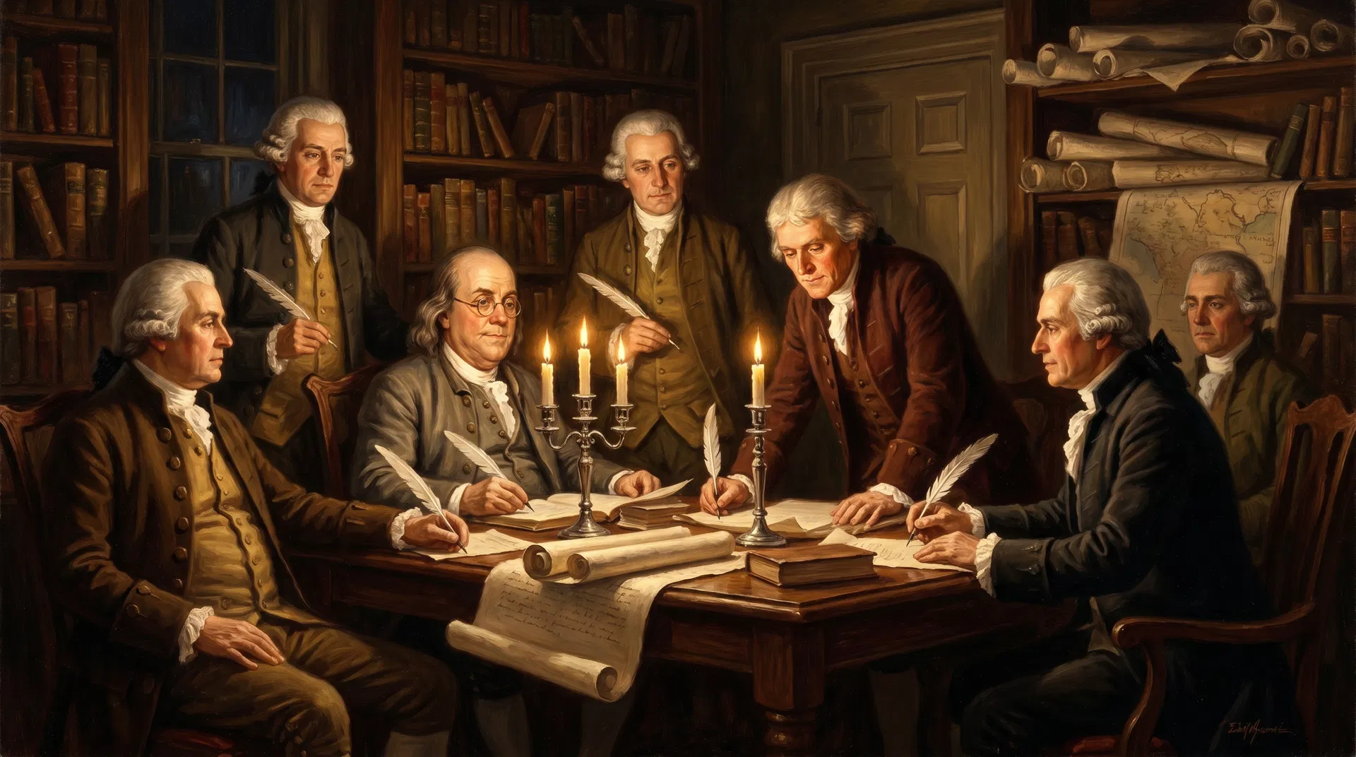 Founding Fathers gathered by candlelight, drafting the founding documents of the United States