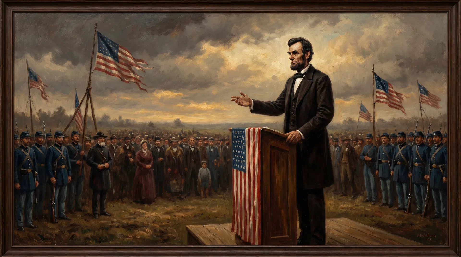 Abraham Lincoln addressing Union soldiers and citizens, calling on Americans to find the better angels of their nature