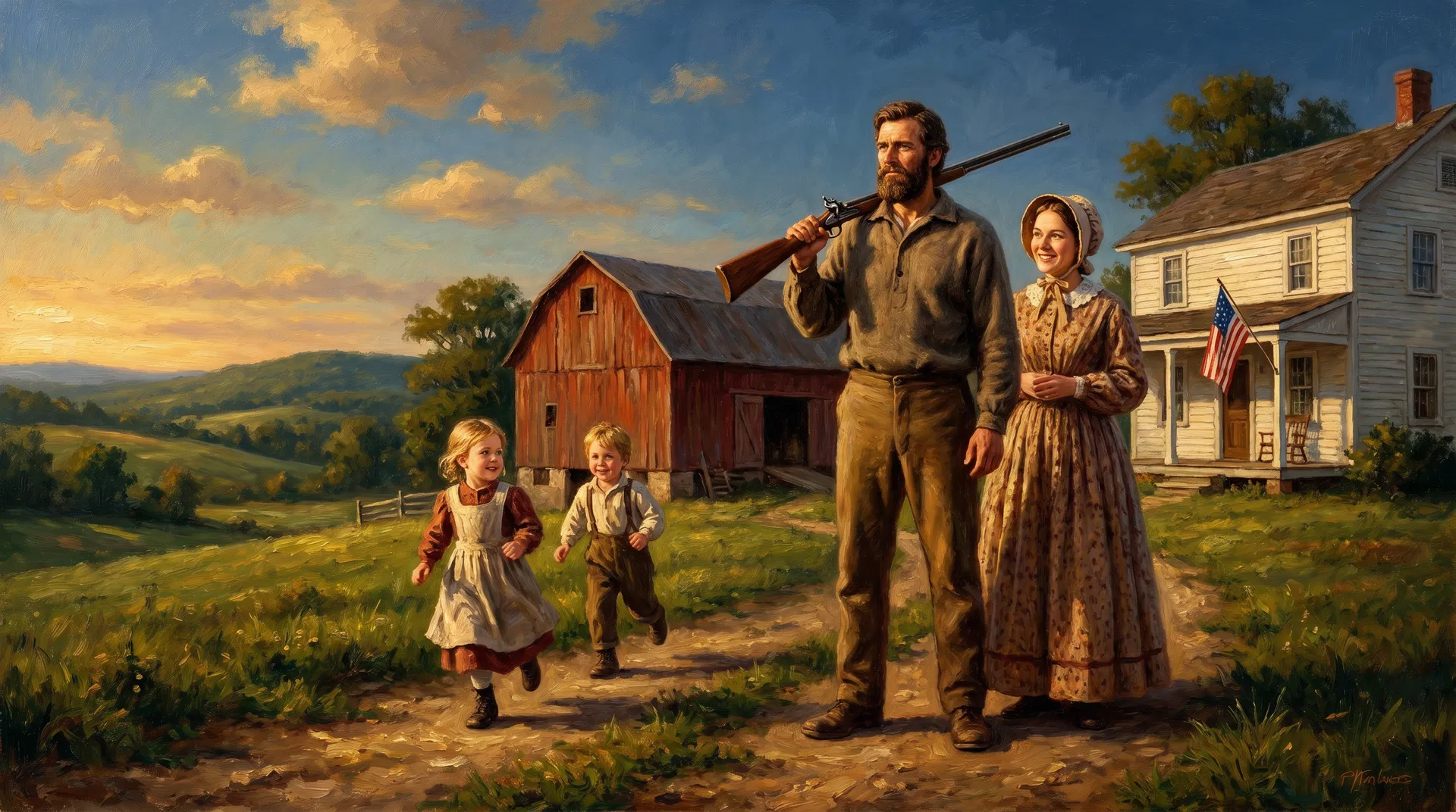 American family on a farmstead at golden hour, father with rifle, wife and children, red barn and American flag