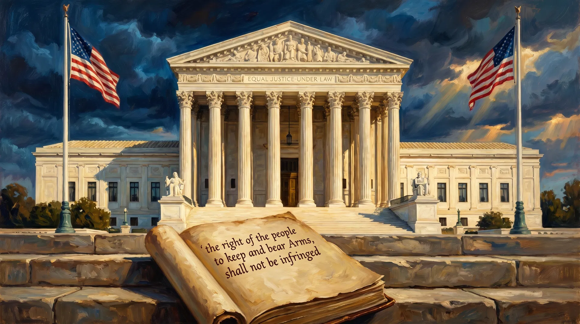 U.S. Supreme Court building with Constitution parchment showing Second Amendment text, American flags, dramatic sky