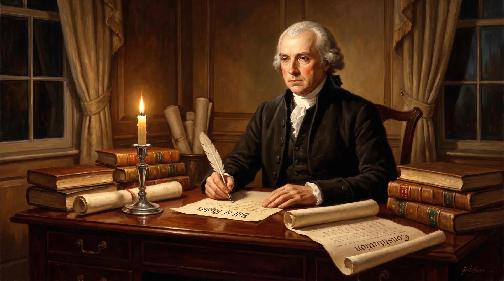 James Madison drafting the Bill of Rights by candlelight, quill pen in hand, Constitution scroll on desk