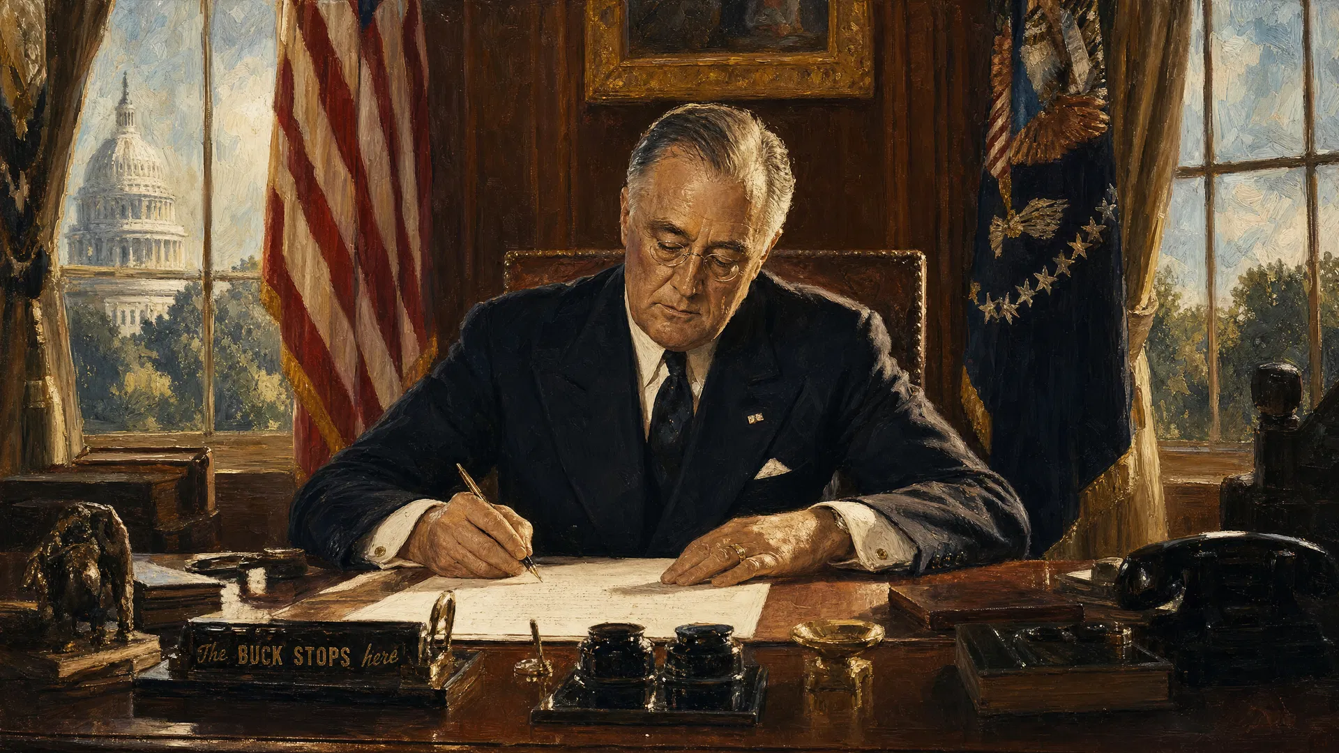 Secretary of Defense Louis Johnson signing the Armed Forces Day proclamation in 1949