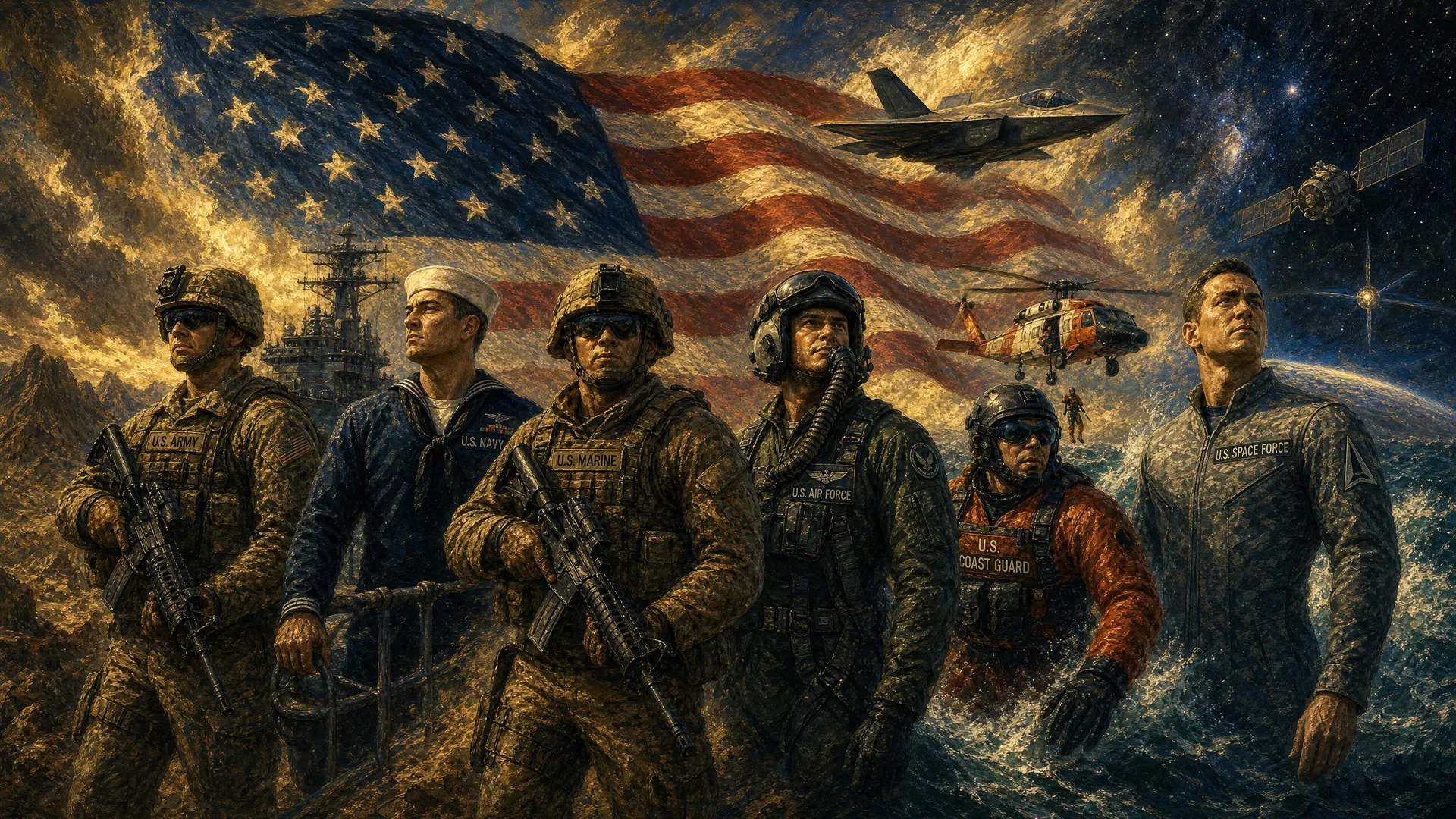 Six American service members representing all six military branches — Army, Navy, Marines, Air Force, Coast Guard, and Space Force — in action