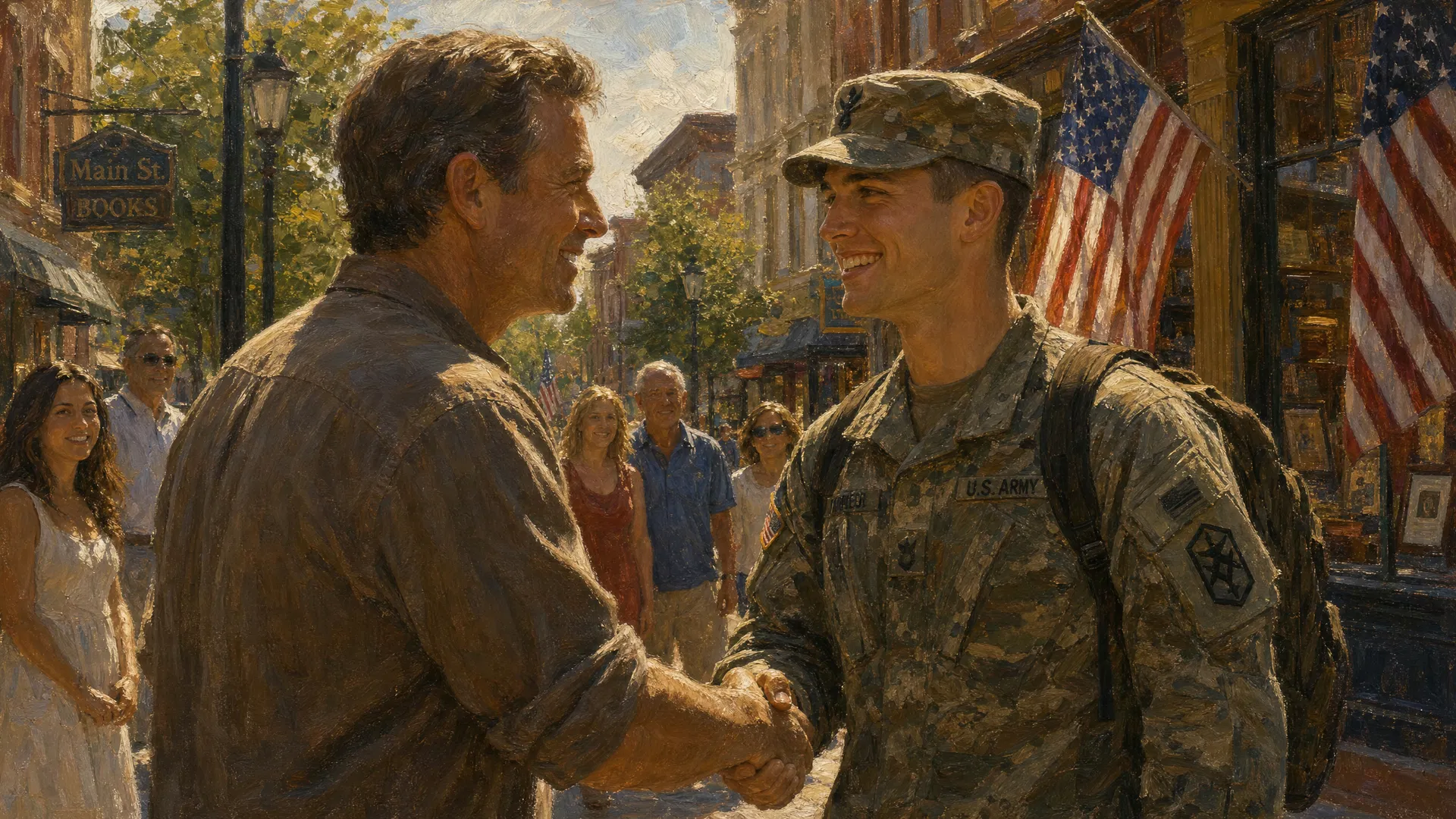 A civilian shaking hands with a young uniformed American soldier on a sunny Main Street