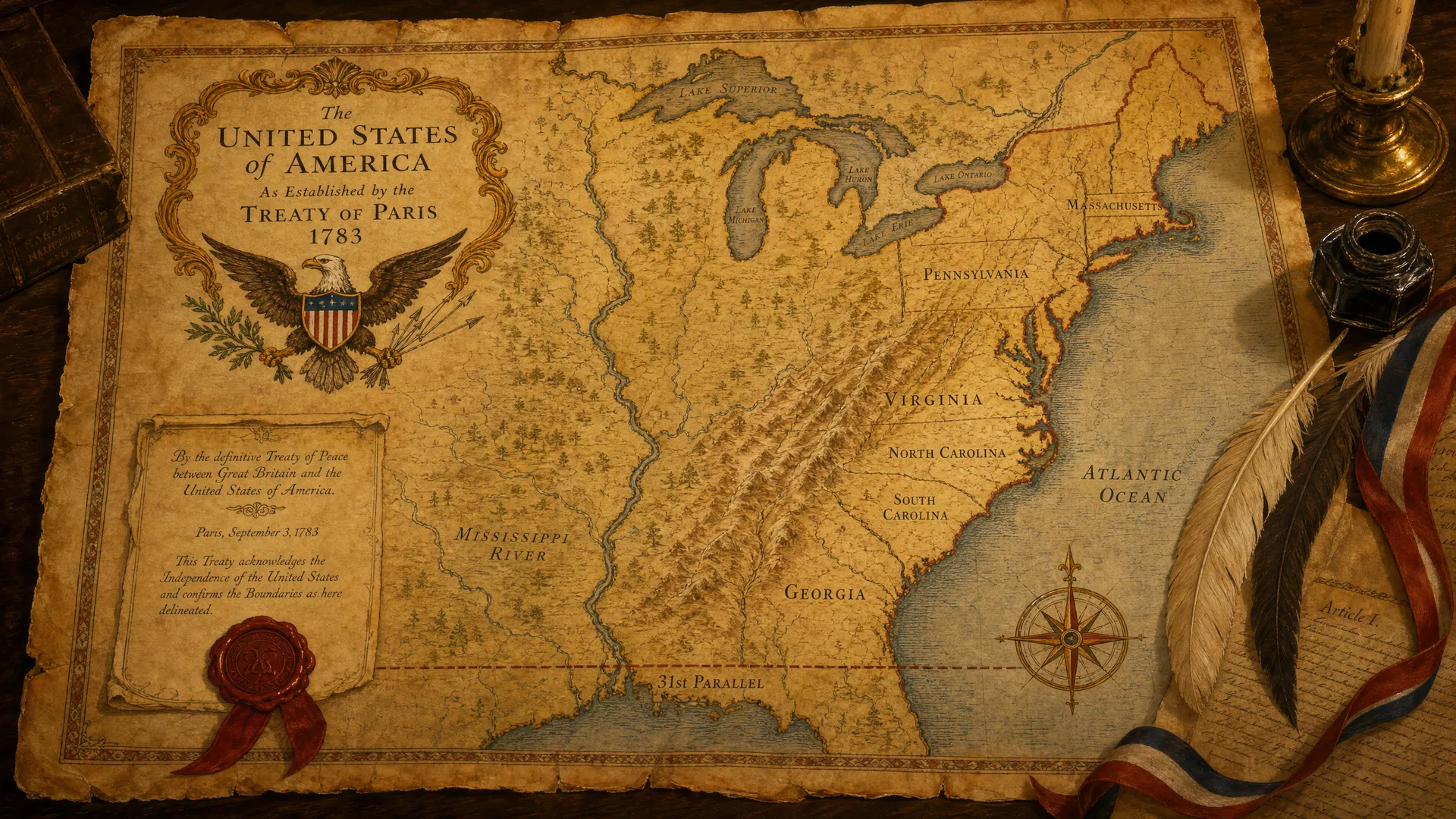 Antique parchment map showing the United States as established by the Treaty of Paris 1783 — from the Atlantic coast to the Mississippi River