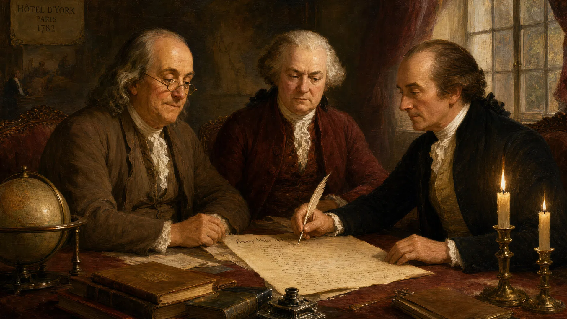 Benjamin Franklin, John Adams, and John Jay reviewing the preliminary articles of peace at the Hôtel d'York, Paris, 1782