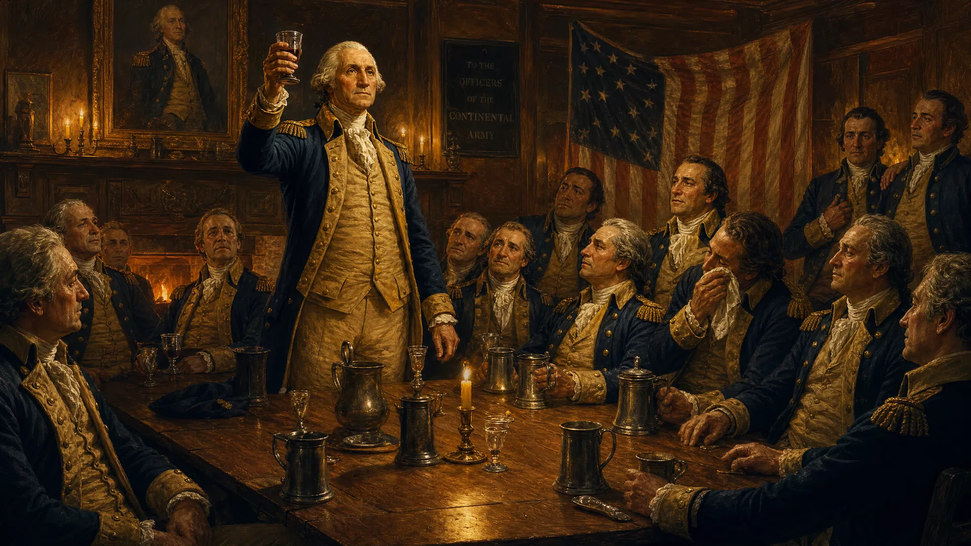 George Washington's farewell to his officers at Fraunces Tavern, New York, December 1783 — a deeply emotional scene as the Continental Army is disbanded