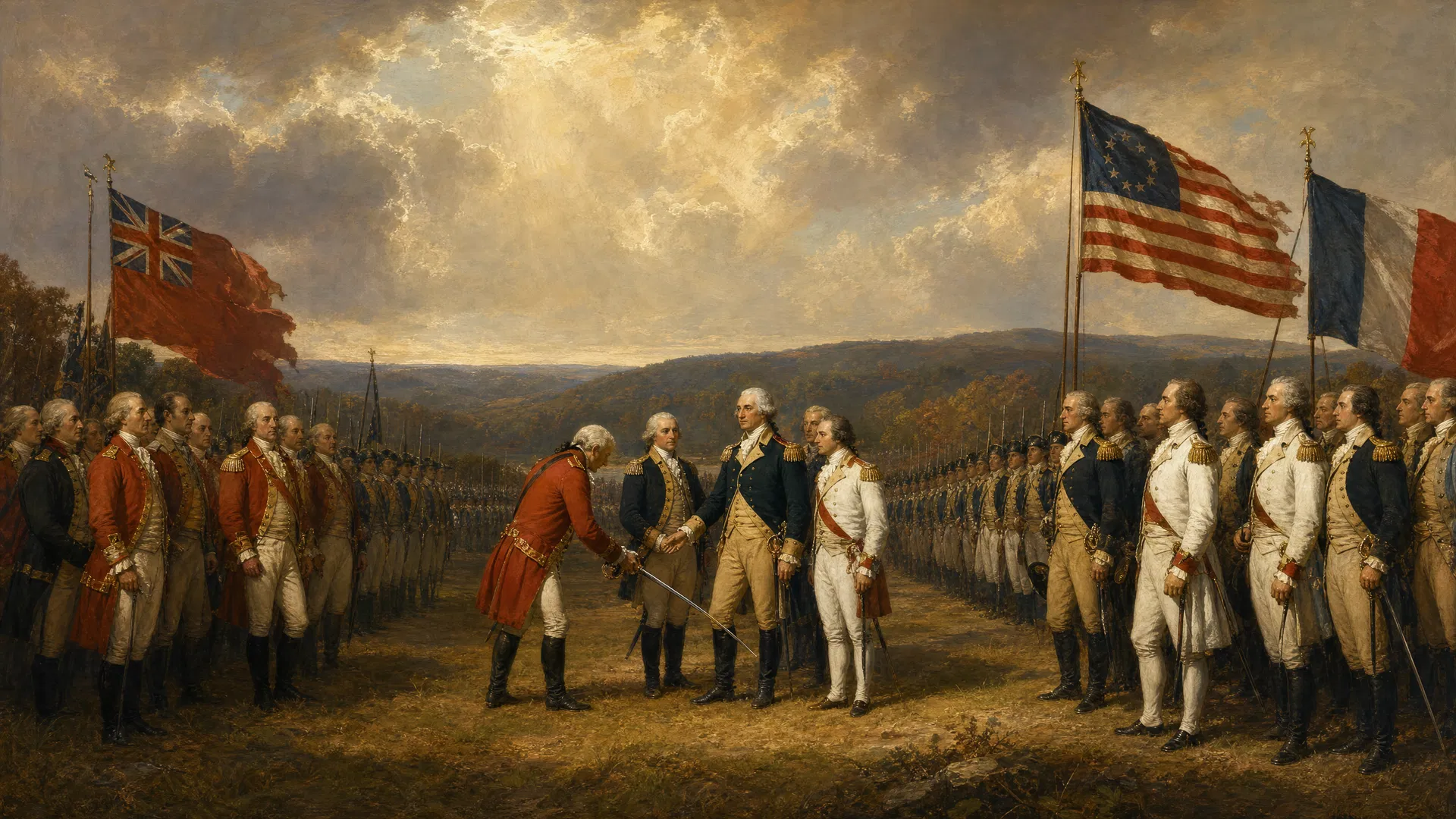 British surrender at Yorktown, October 1781 — Continental and French forces receive the sword of surrender on the Virginia battlefield