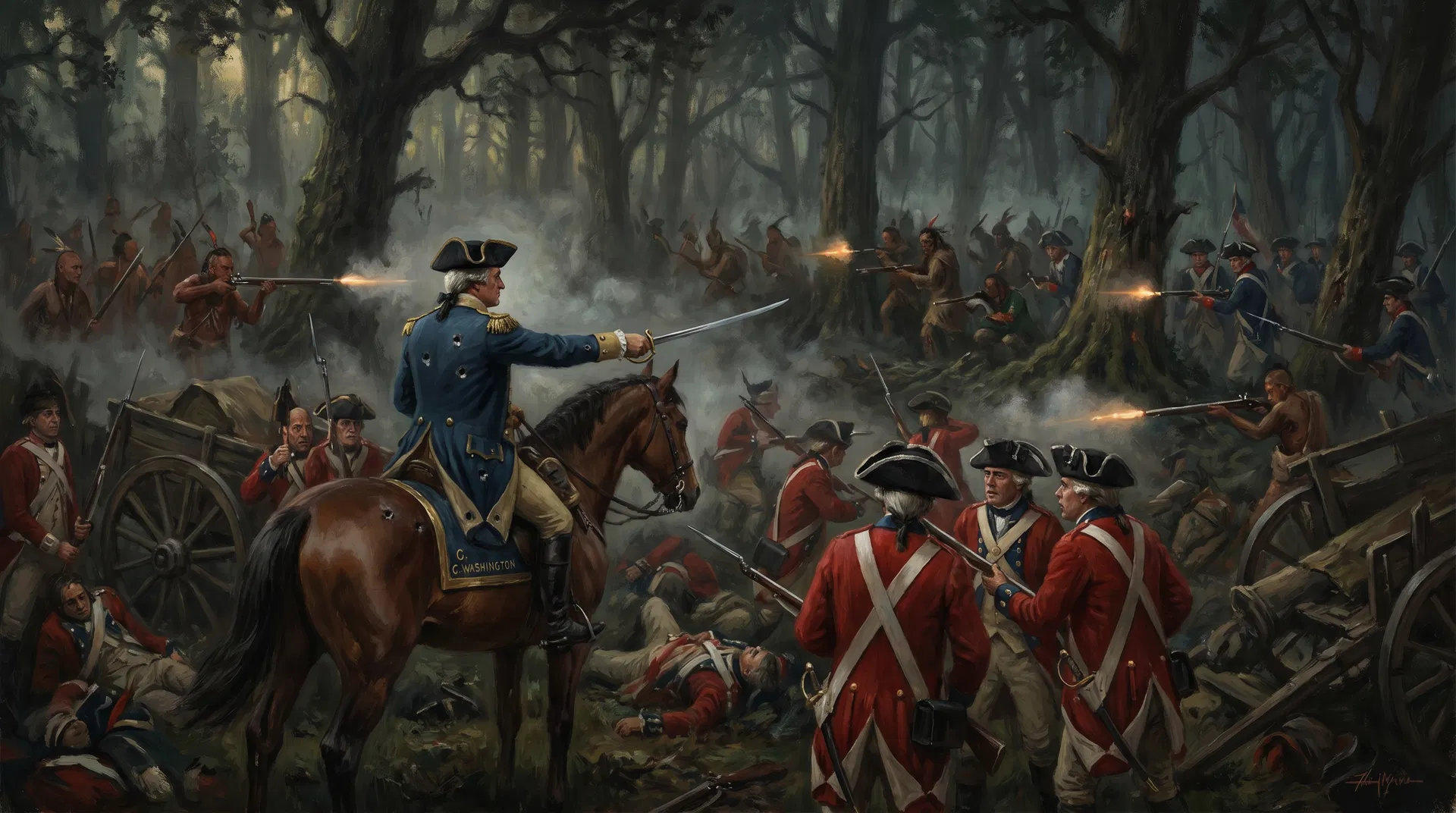 George Washington rallying troops at the Battle of the Monongahela, 1755 — French and Indian War ambush in the wilderness