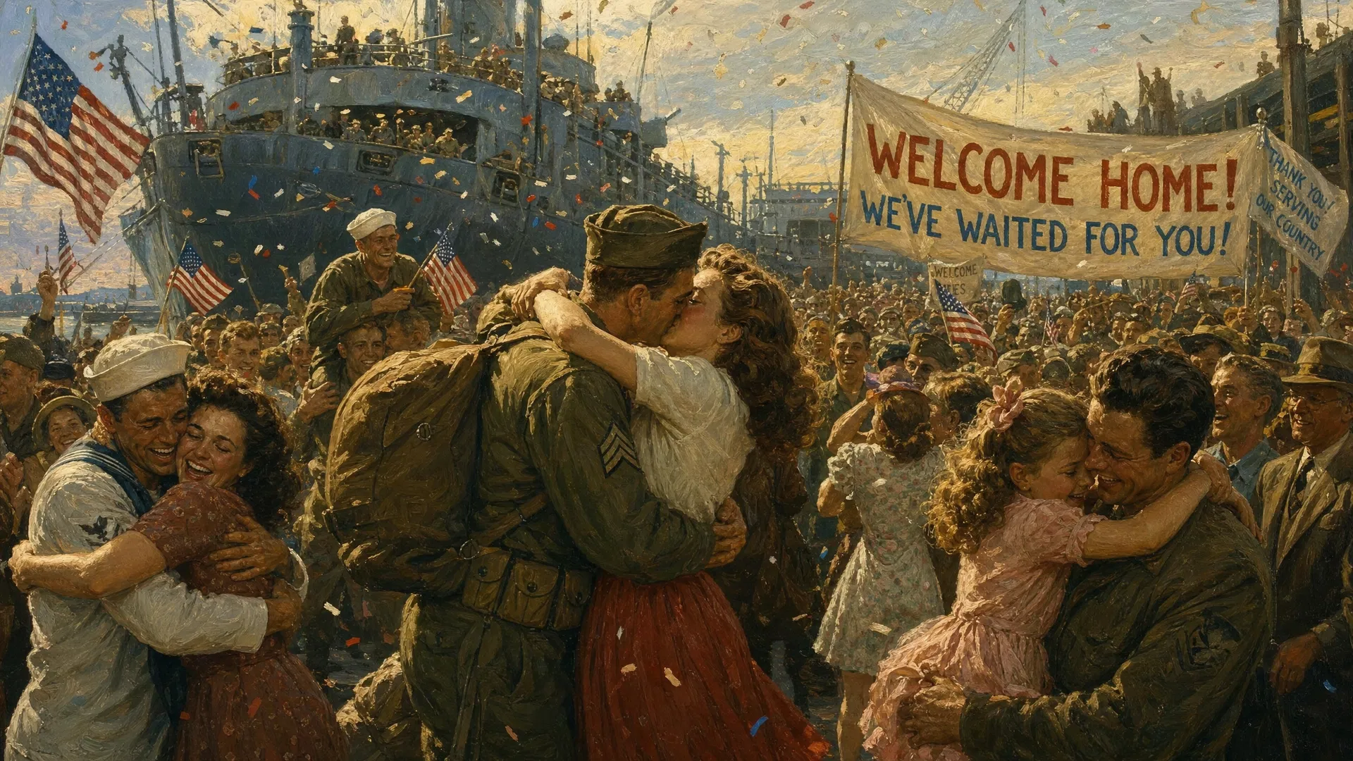 American soldiers returning home from World War II in 1945 — a joyful harbor scene with families reuniting