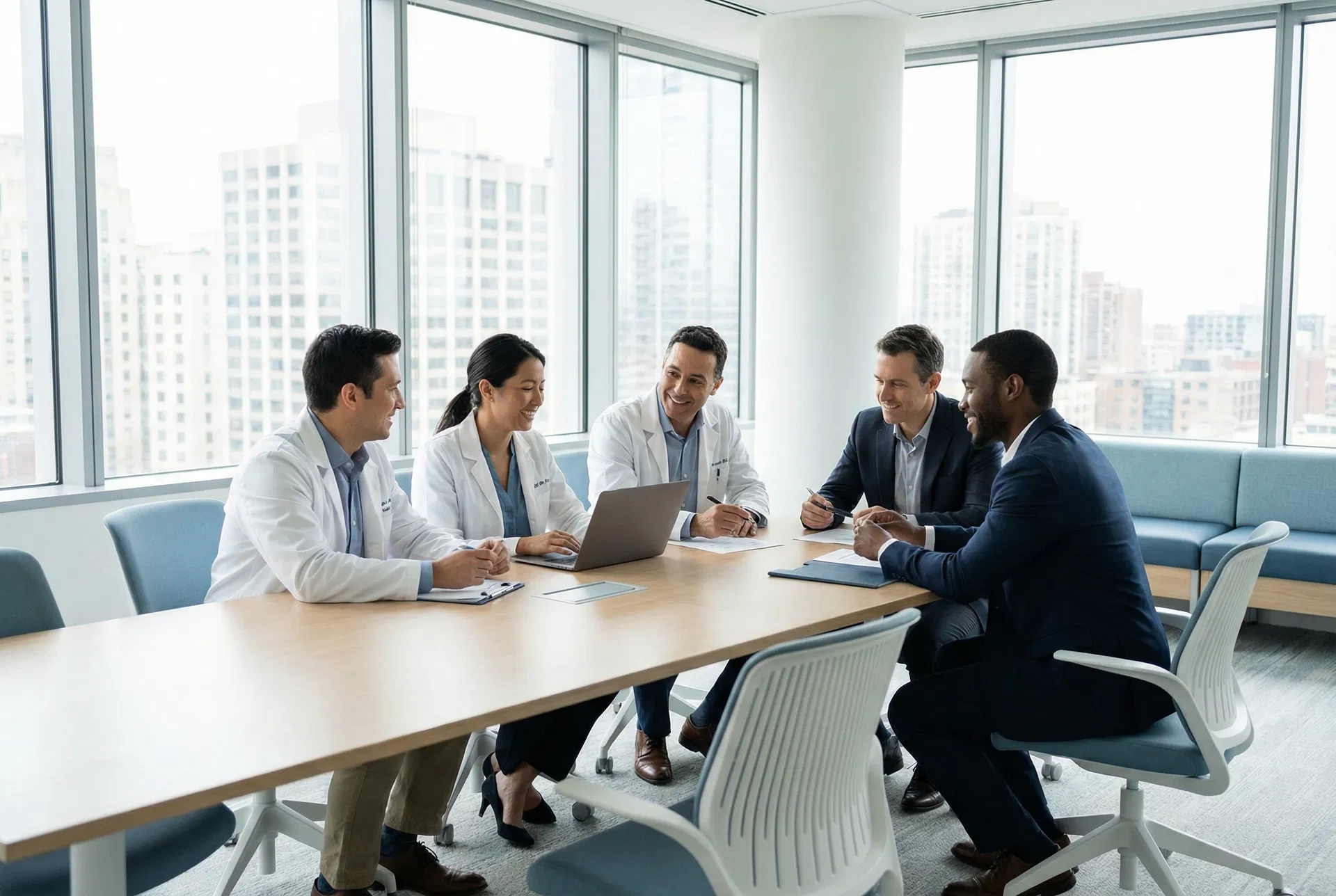 Medical professionals and business team collaborating