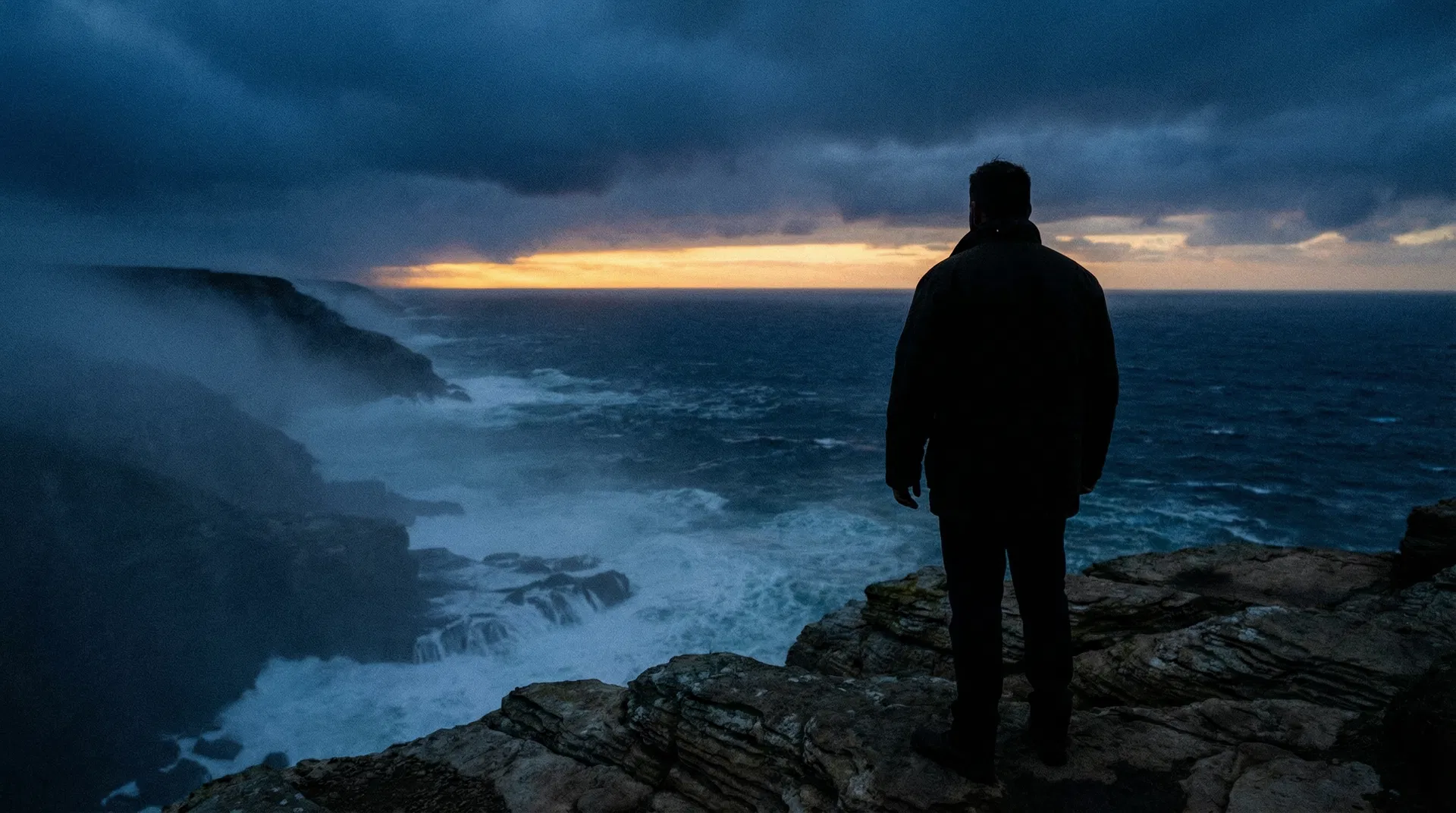 Man standing on ocean cliff at dusk
