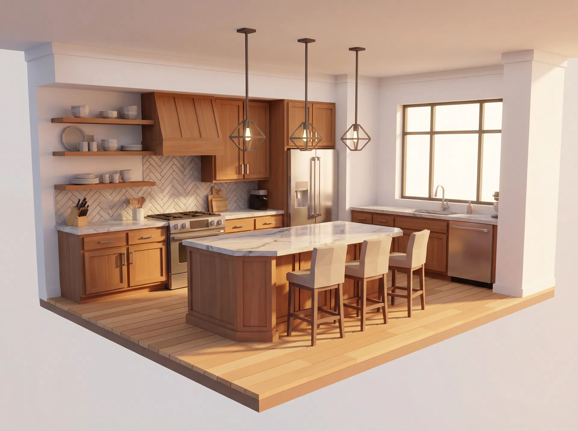 Low-poly 3D kitchen with realistic material skinning