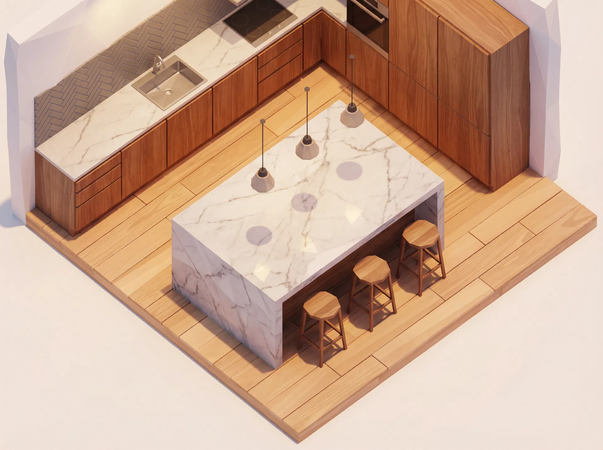 Top-down overhead view of 3D kitchen layout