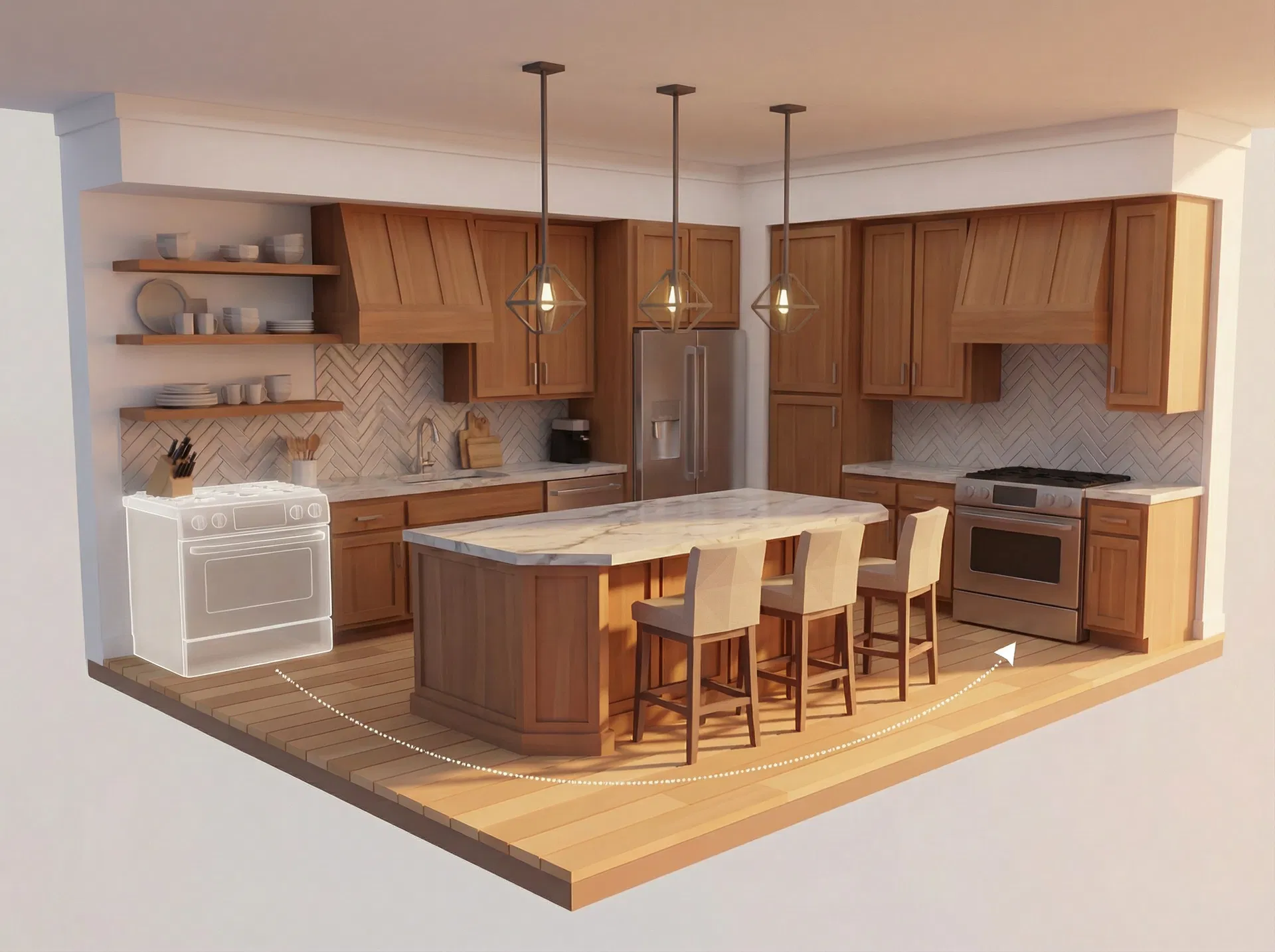 AI showing kitchen island relocation