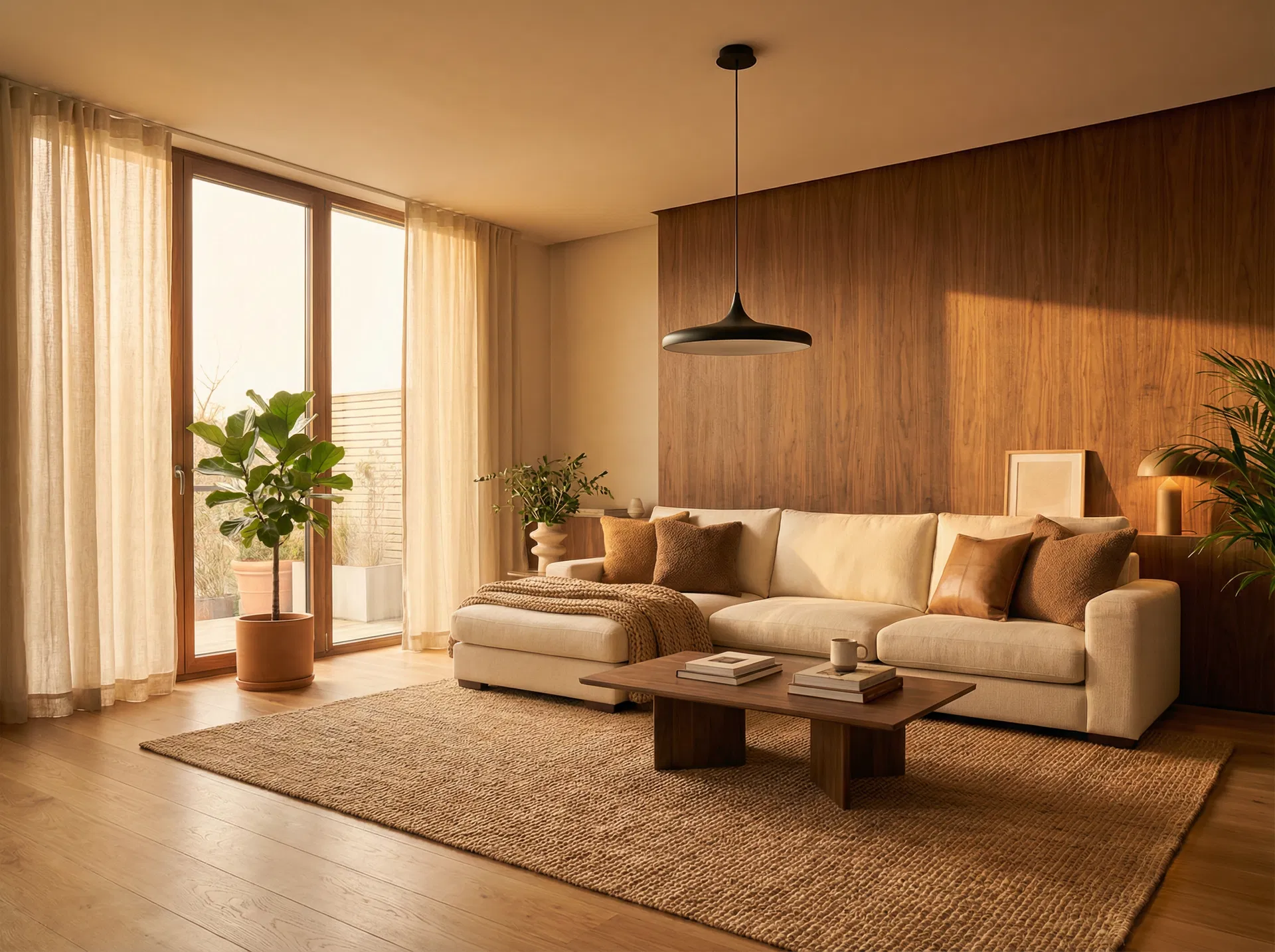 Warm living room with leather sofa, stone fireplace, and natural light