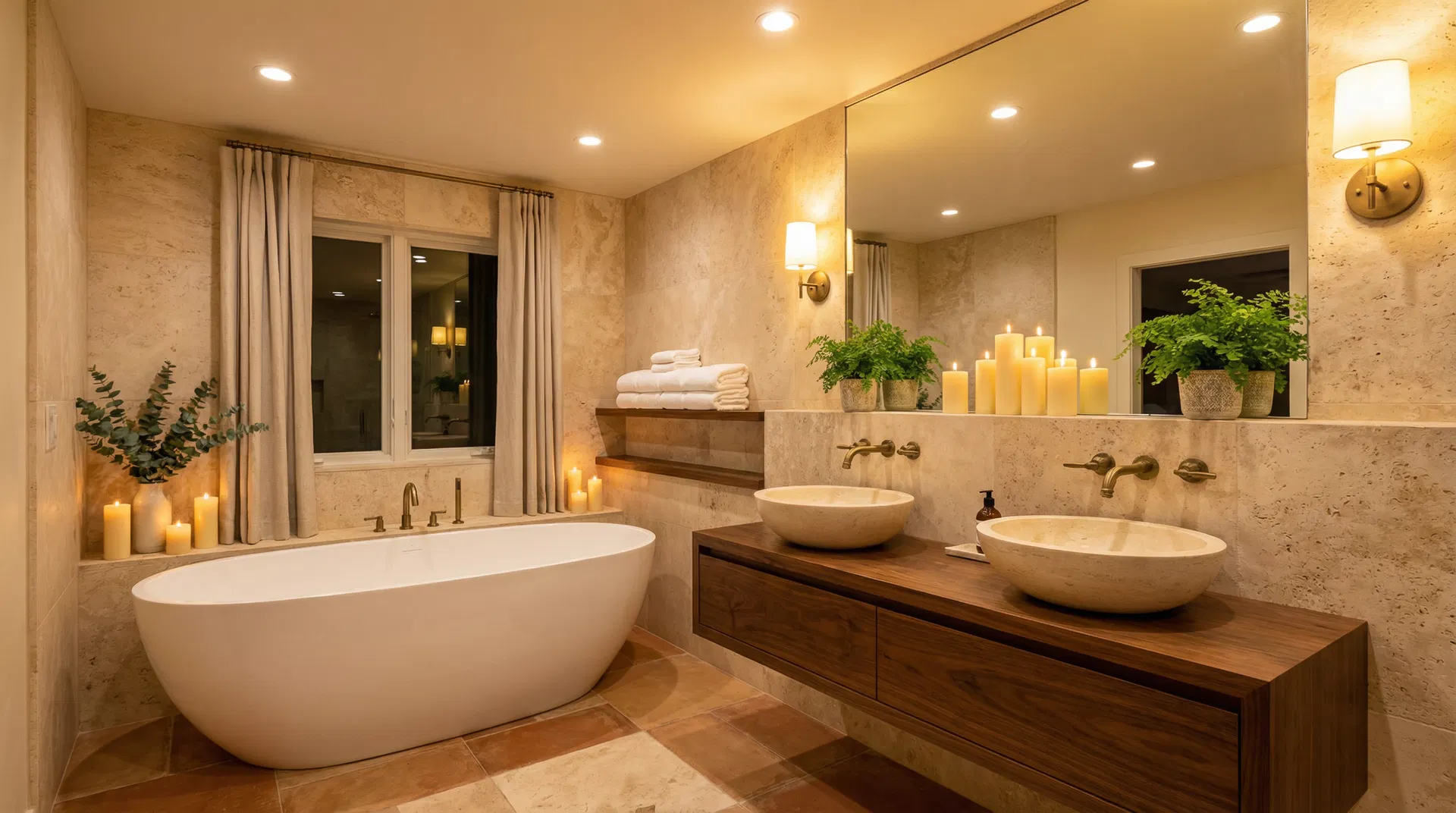 Warm spa-like bathroom remodel with soaking tub and travertine