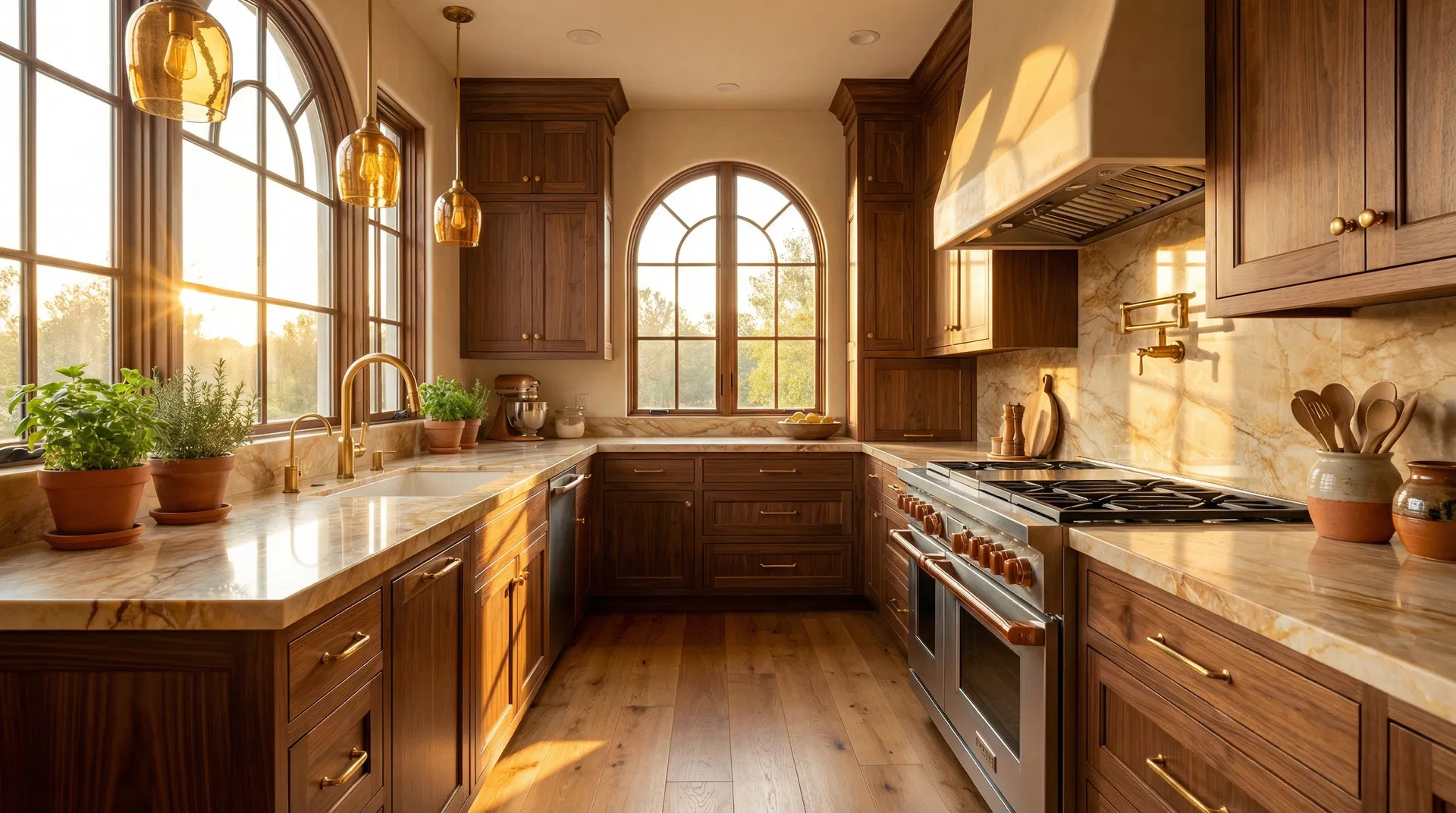 Warm luxury kitchen remodel with walnut cabinetry and golden light