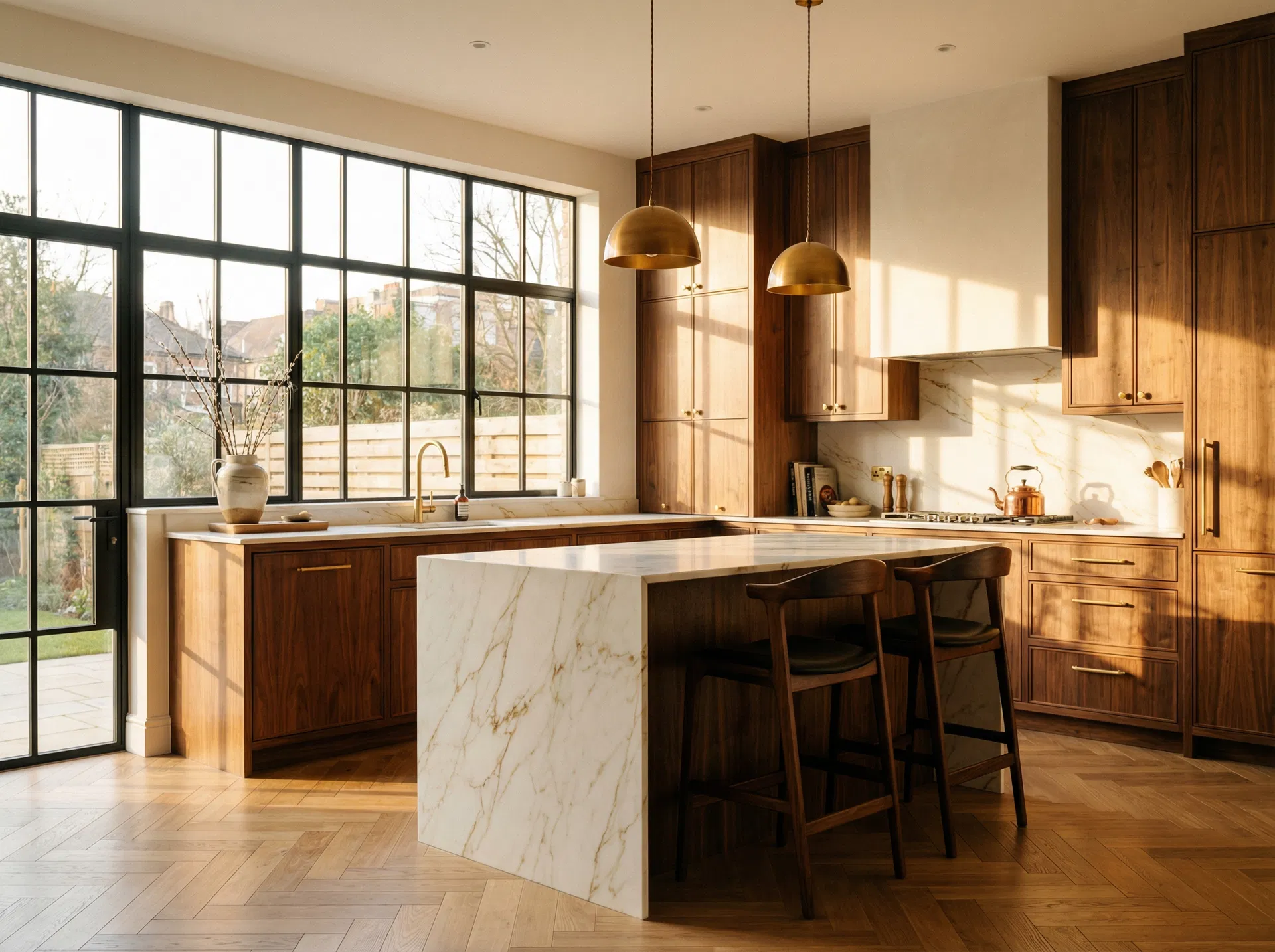 Warm kitchen with brass pendants and marble countertops