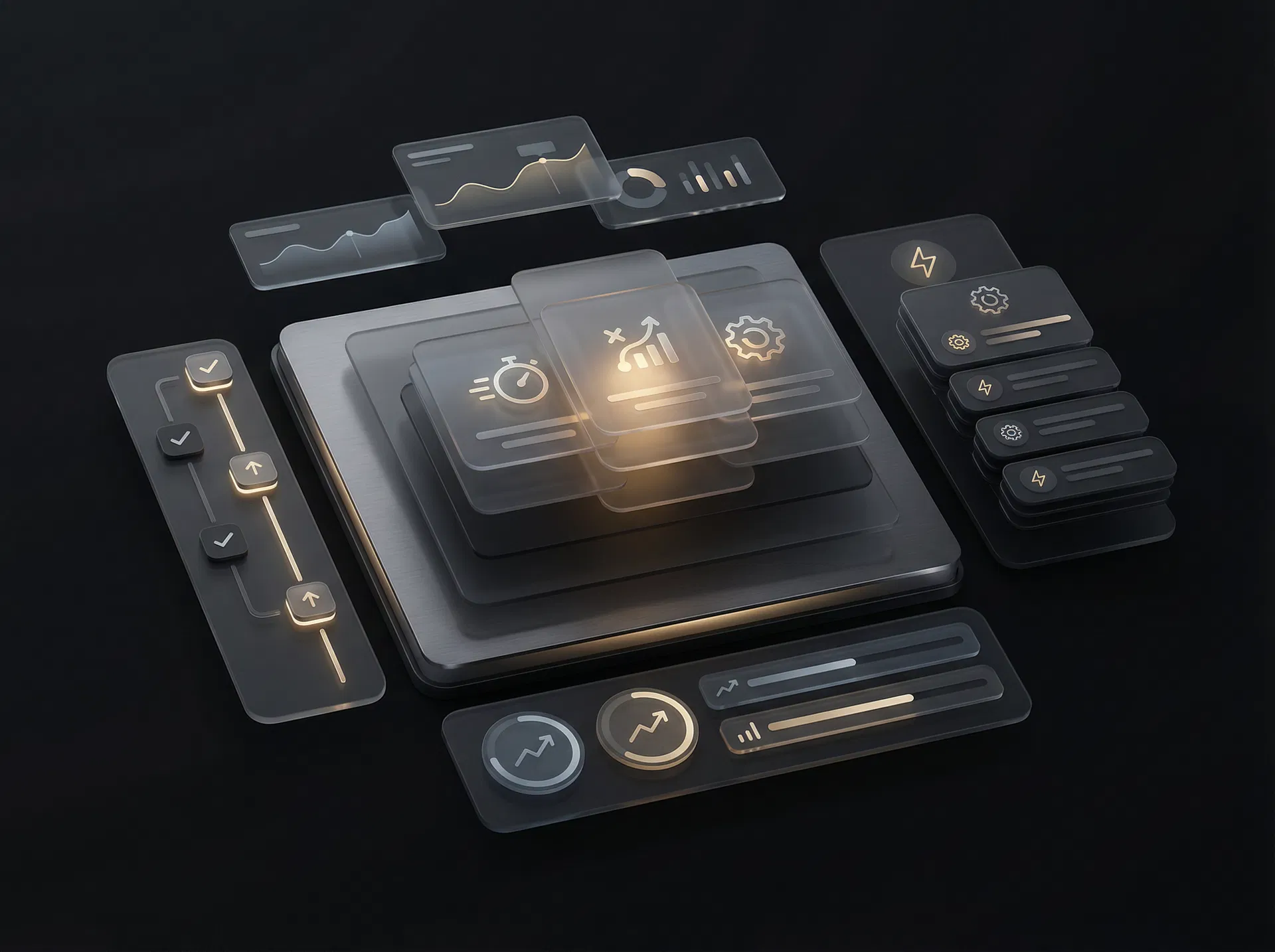 Abstract premium UI object representing structured executive outcomes