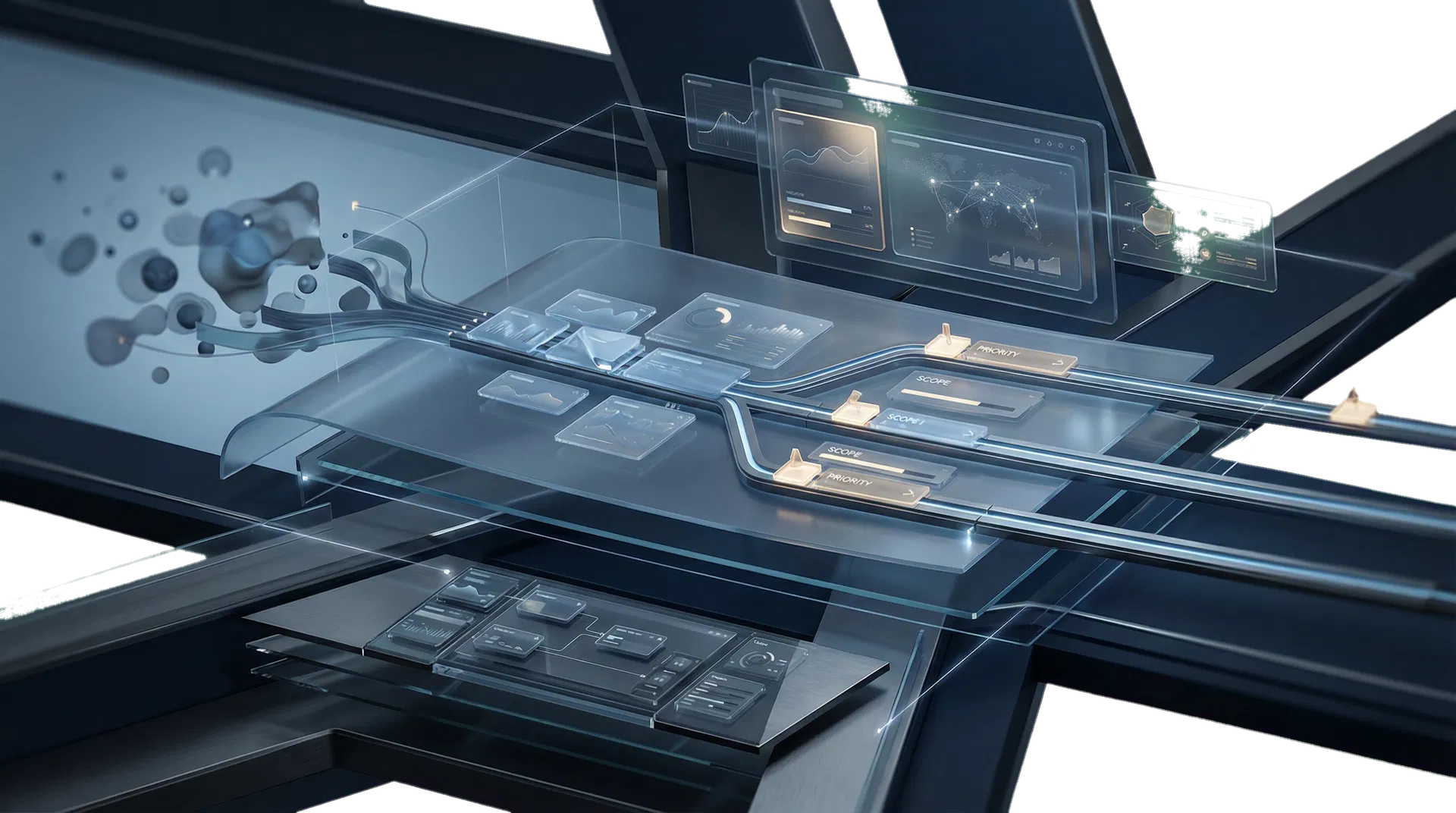 Premium visualization of BoostExec AI organizing an executive project plan